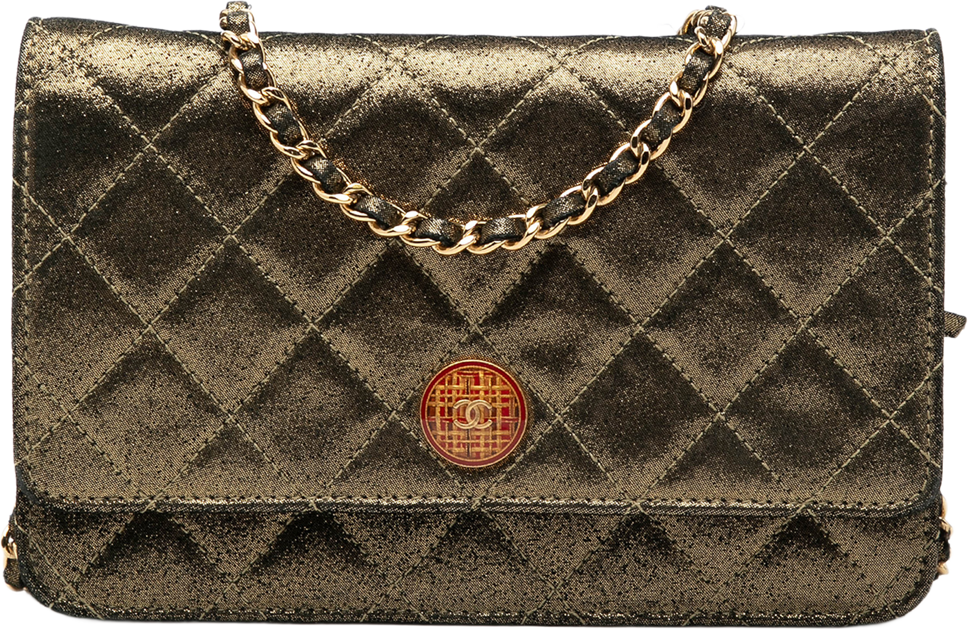 Chanel Quilted Iridescent Lambskin Tartan Button Wallet On Chain, från Luxclusif, i färgen guld. Klicka för att öppna bilden i stort format