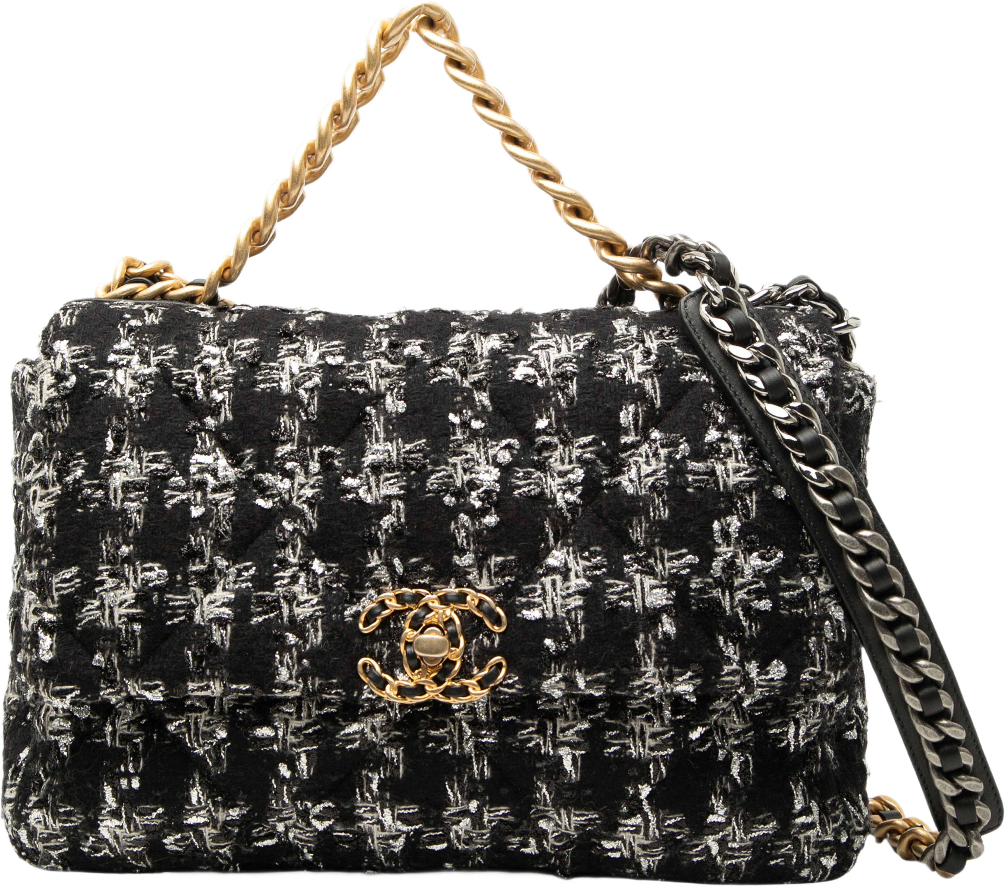 Chanel Large Tweed 19 Flap, från Luxclusif, i färgen svart. Klicka för att öppna bilden i stort format