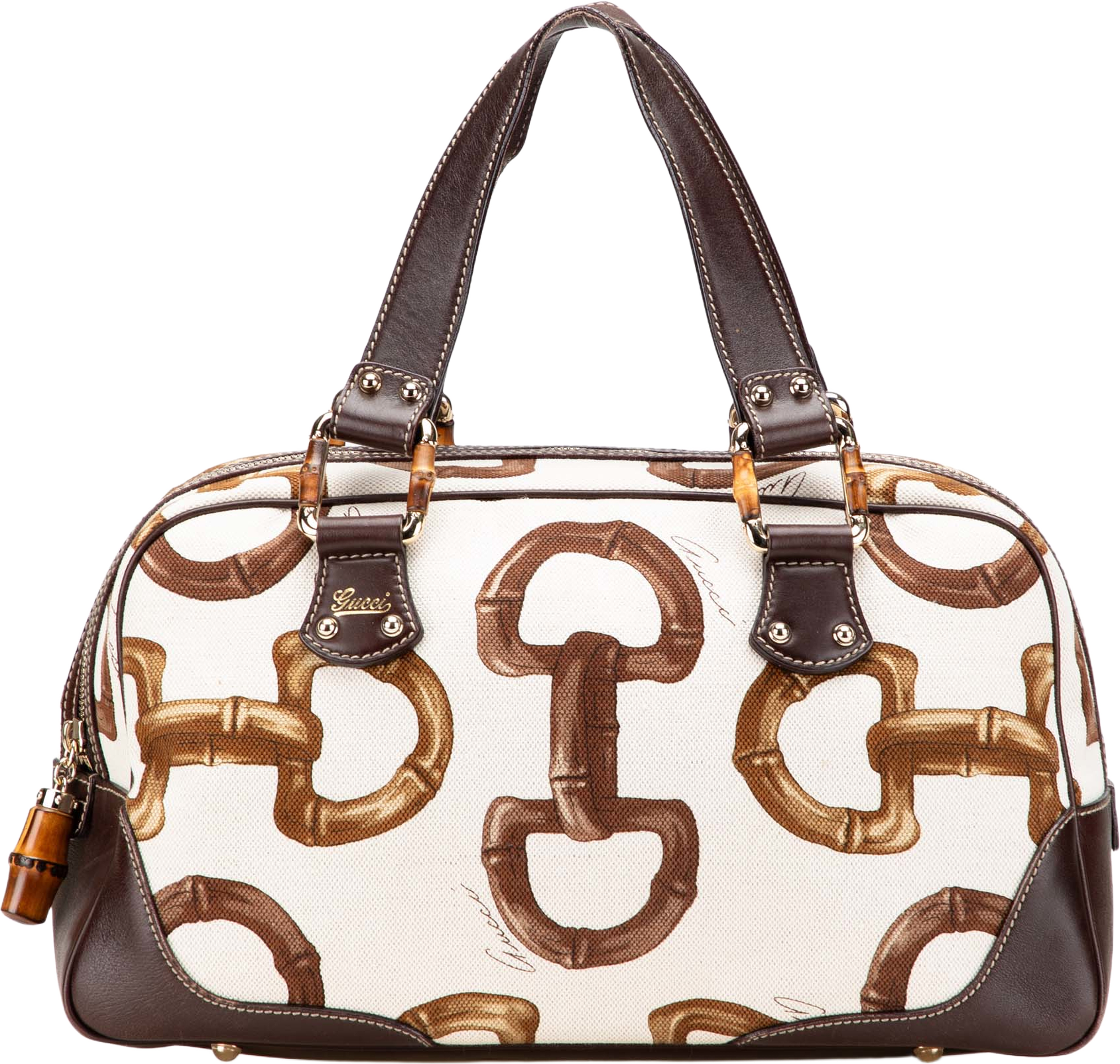 Gucci Printed Canvas Bamboo Horsebit Handbag, från Luxclusif, i färgen white. Klicka för att öppna bilden i stort format