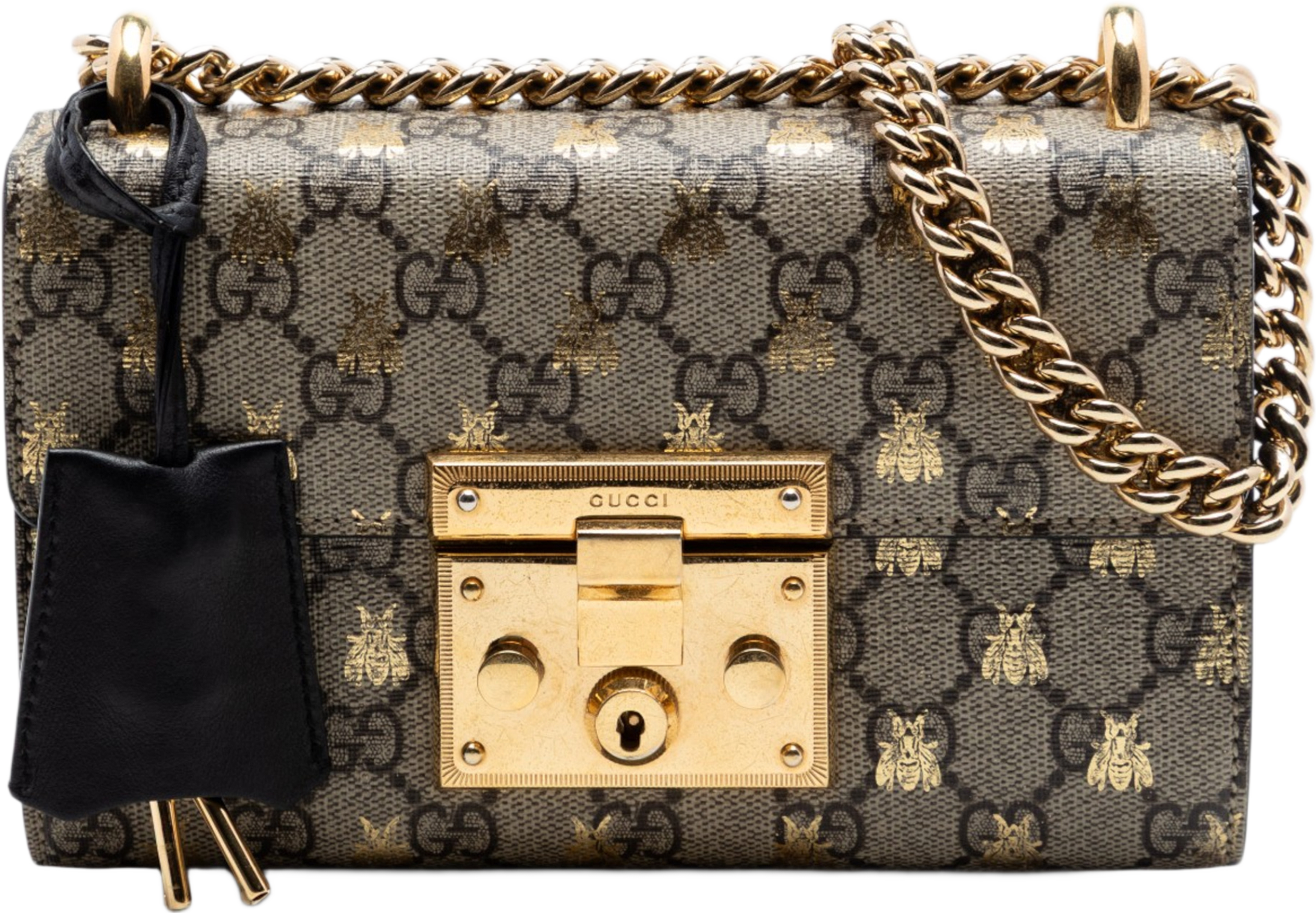 Gucci Small Gg Supreme Bee Padlock Crossbody, från Luxclusif, i färgen svart. Klicka för att öppna bilden i stort format