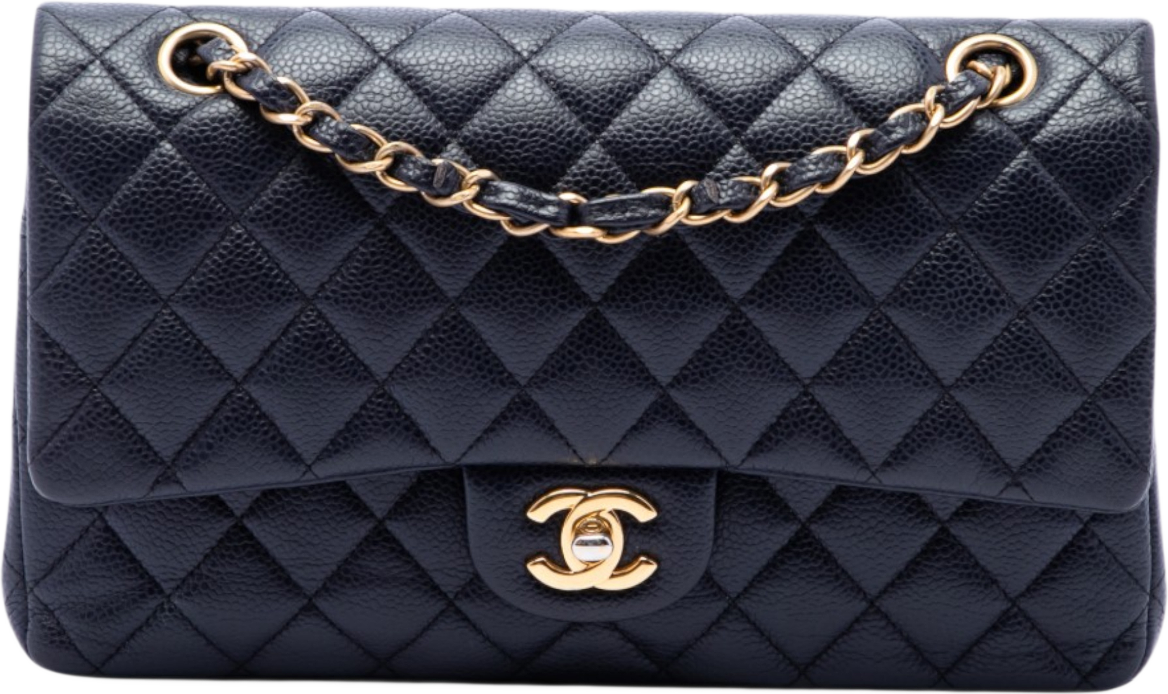 Chanel Medium Classic Caviar Double Flap, från Luxclusif, i färgen blå. Klicka för att öppna bilden i stort format