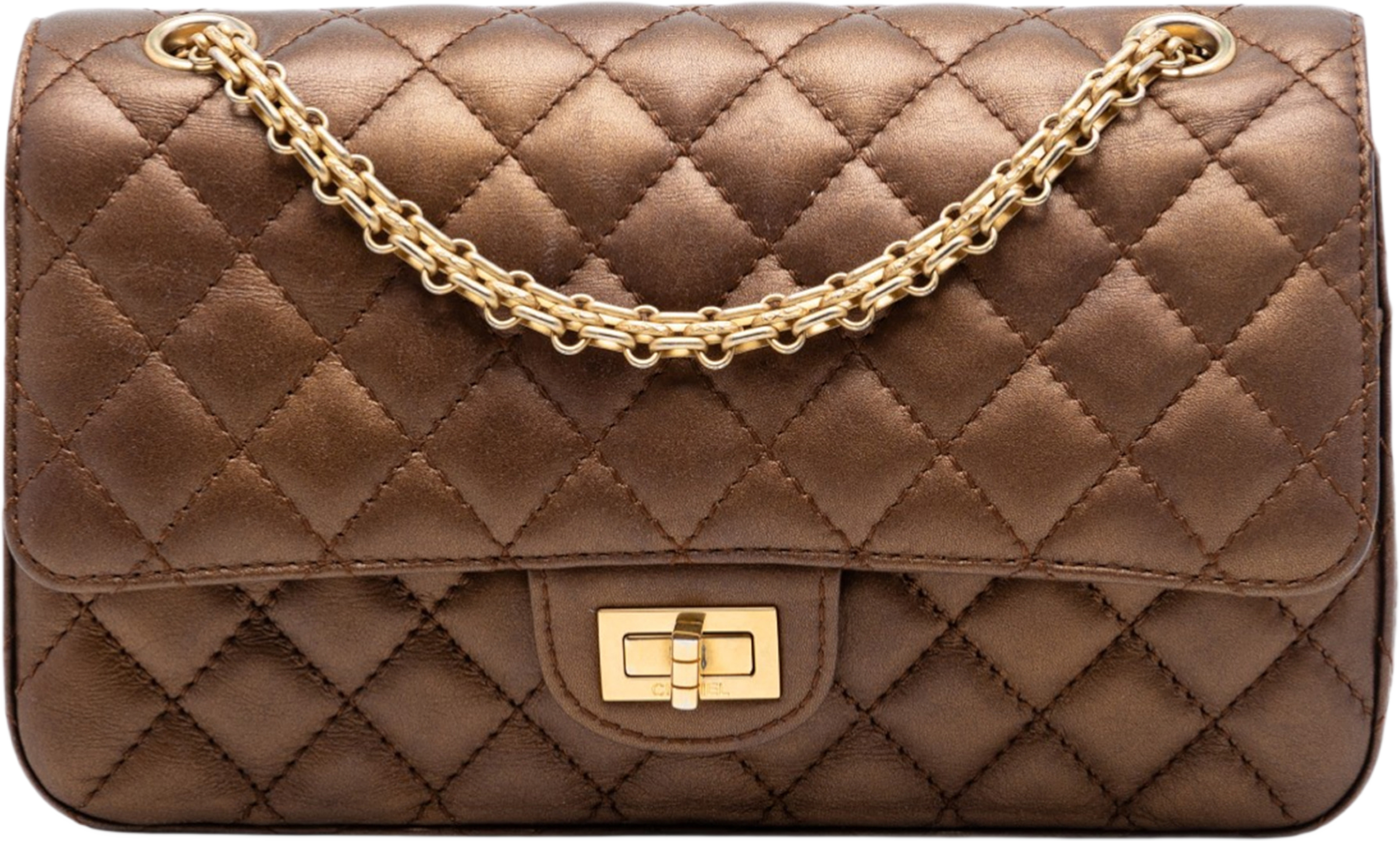 Chanel Quilted Metallic Calfskin Reissue 2.55 Double Flap 225, från Luxclusif, i färgen brown. Klicka för att öppna bilden i stort format