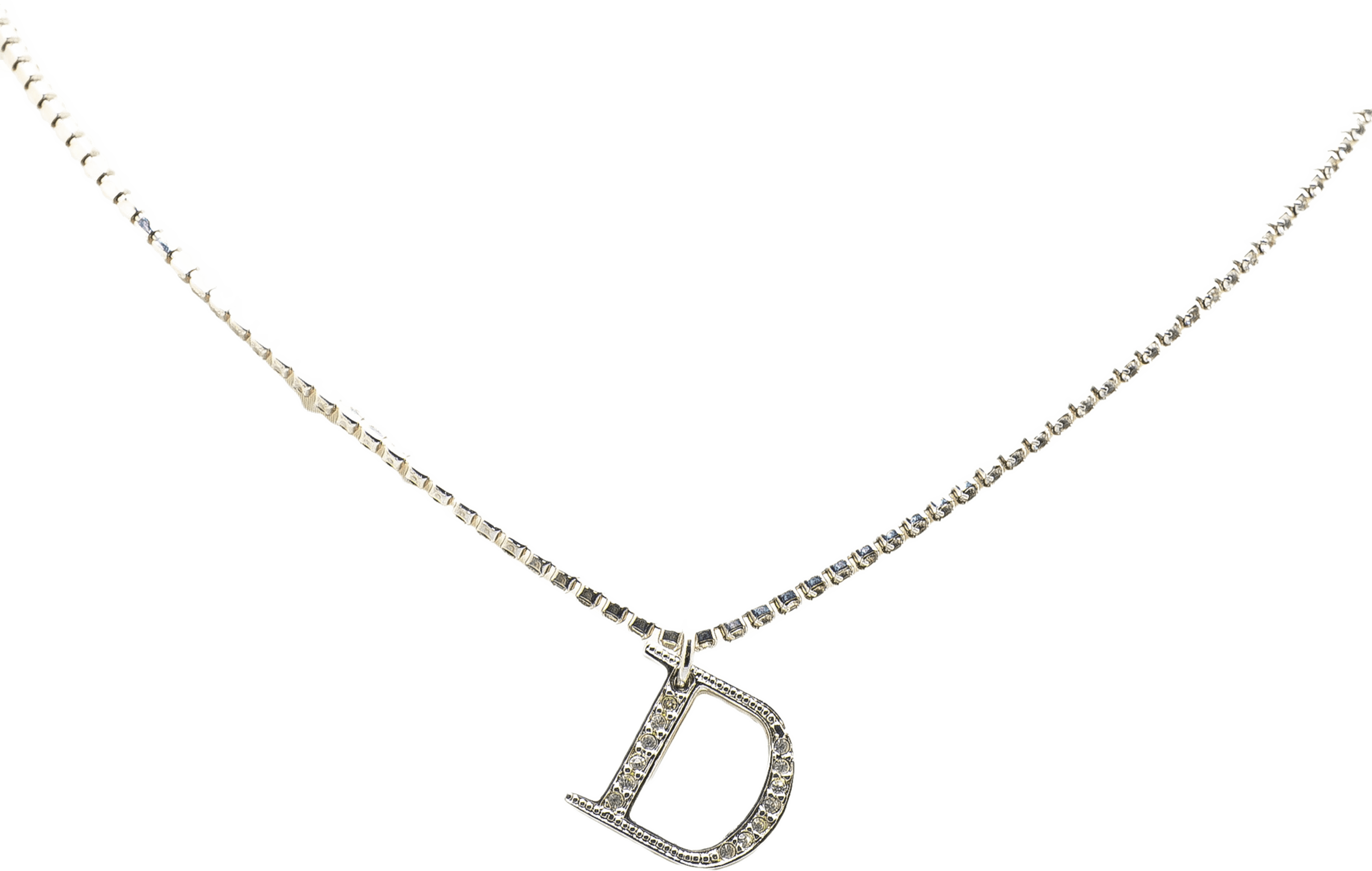 Dior Silver Double Chain Crystal D Logo Pendant Necklace, från Luxclusif, i färgen silver. Klicka för att öppna bilden i stort format