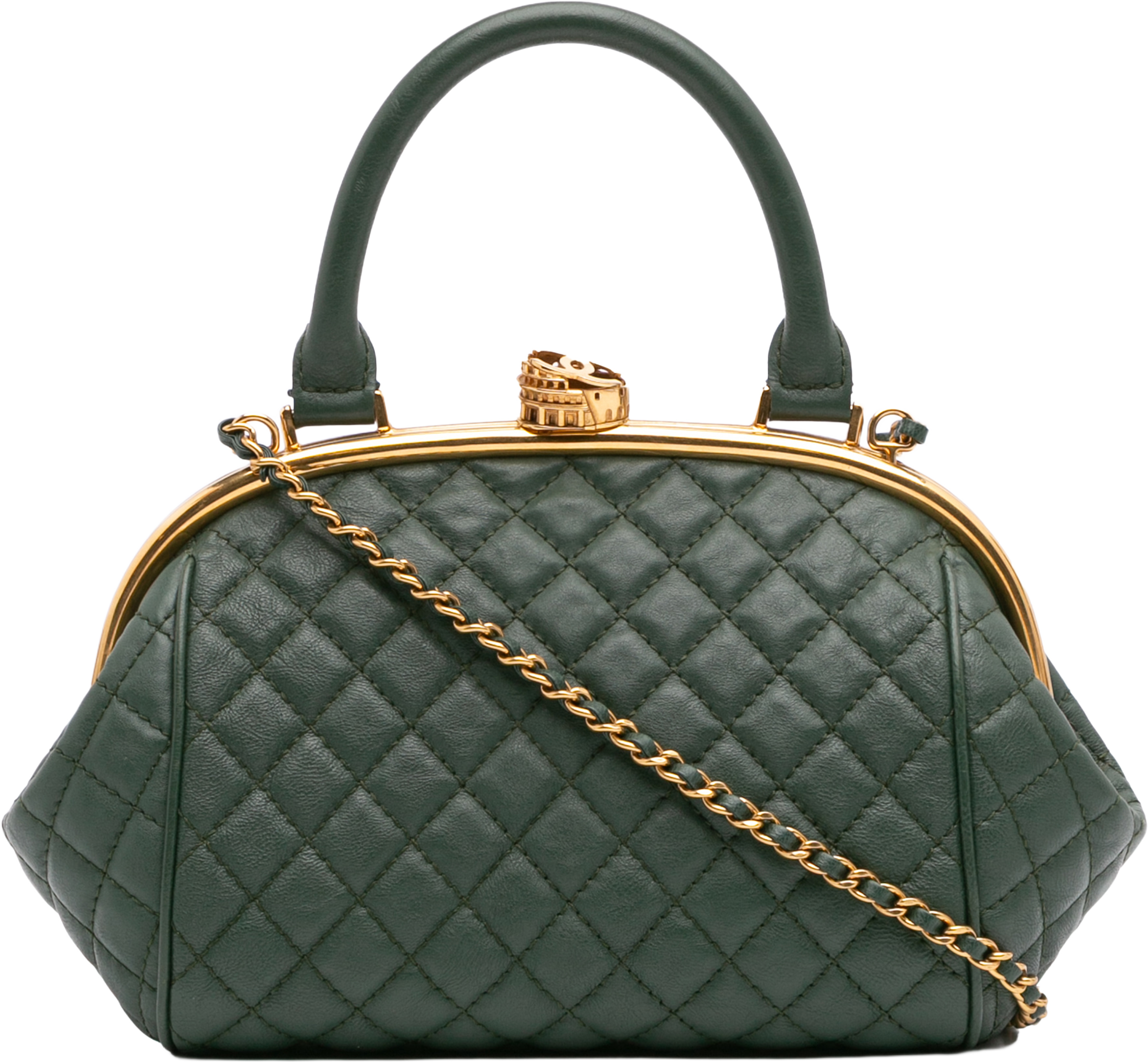 Chanel Small Quilted Calfskin Colosseum Lock Frame Bowling Bag, från Luxclusif, i färgen dark green. Klicka för att öppna bilden i stort format
