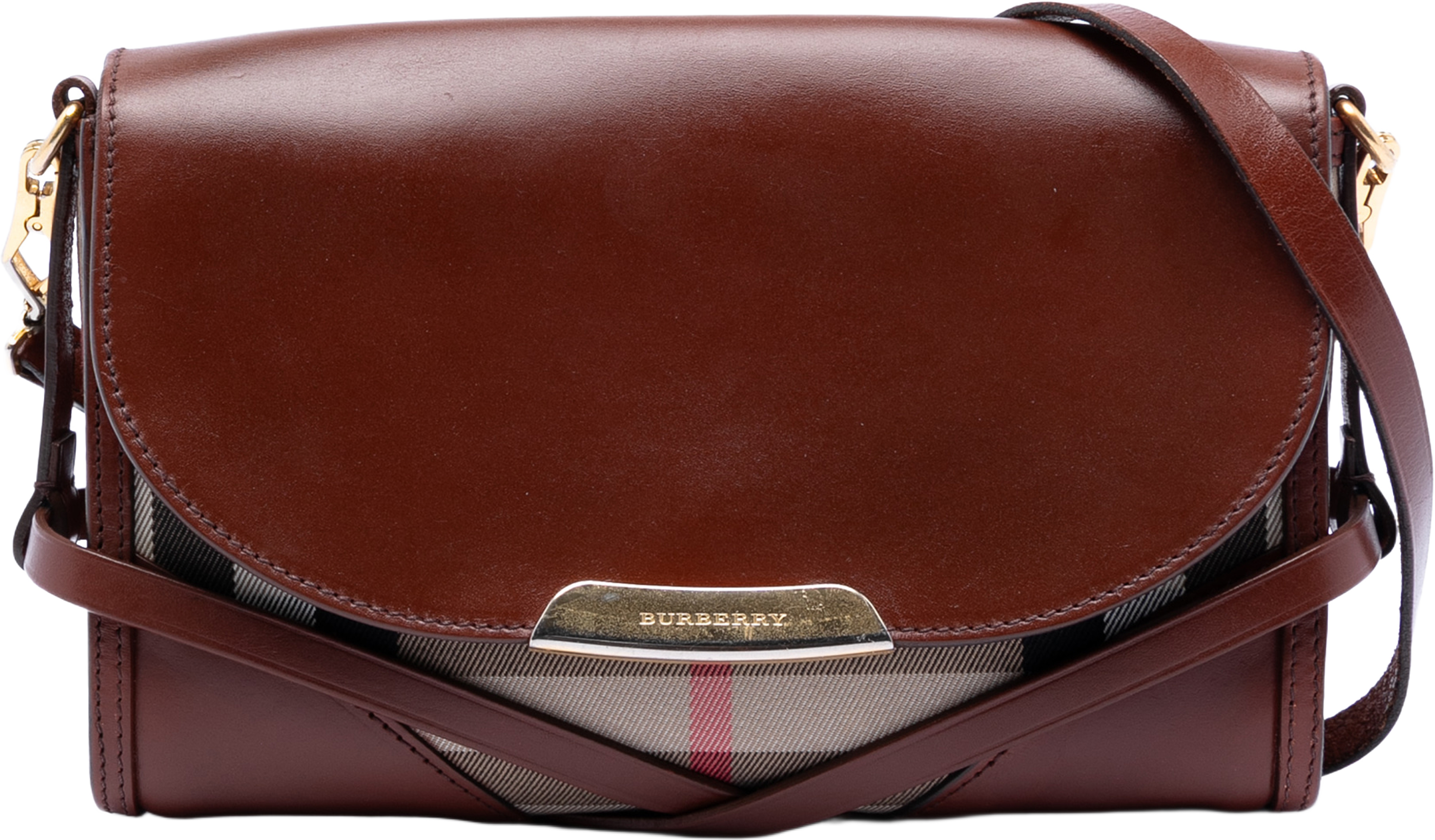 Burberry Leather And House Check Canvas Bridle Abbott Crossbody, från Luxclusif, i färgen brown. Klicka för att öppna bilden i stort format