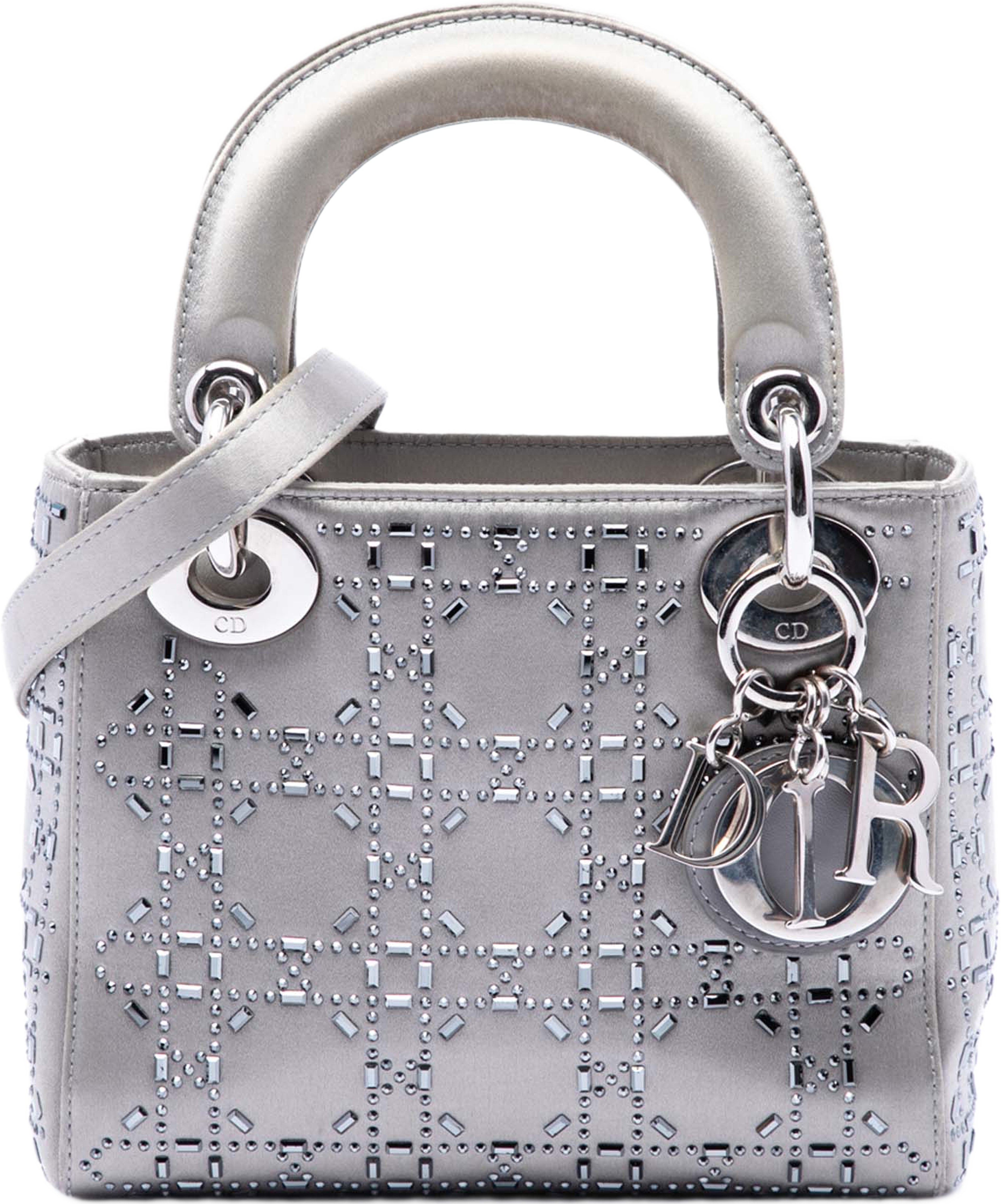 Dior Mini Satin Cannage Crystal Embellished Lady Dior, från Luxclusif, i färgen grå. Klicka för att öppna bilden i stort format