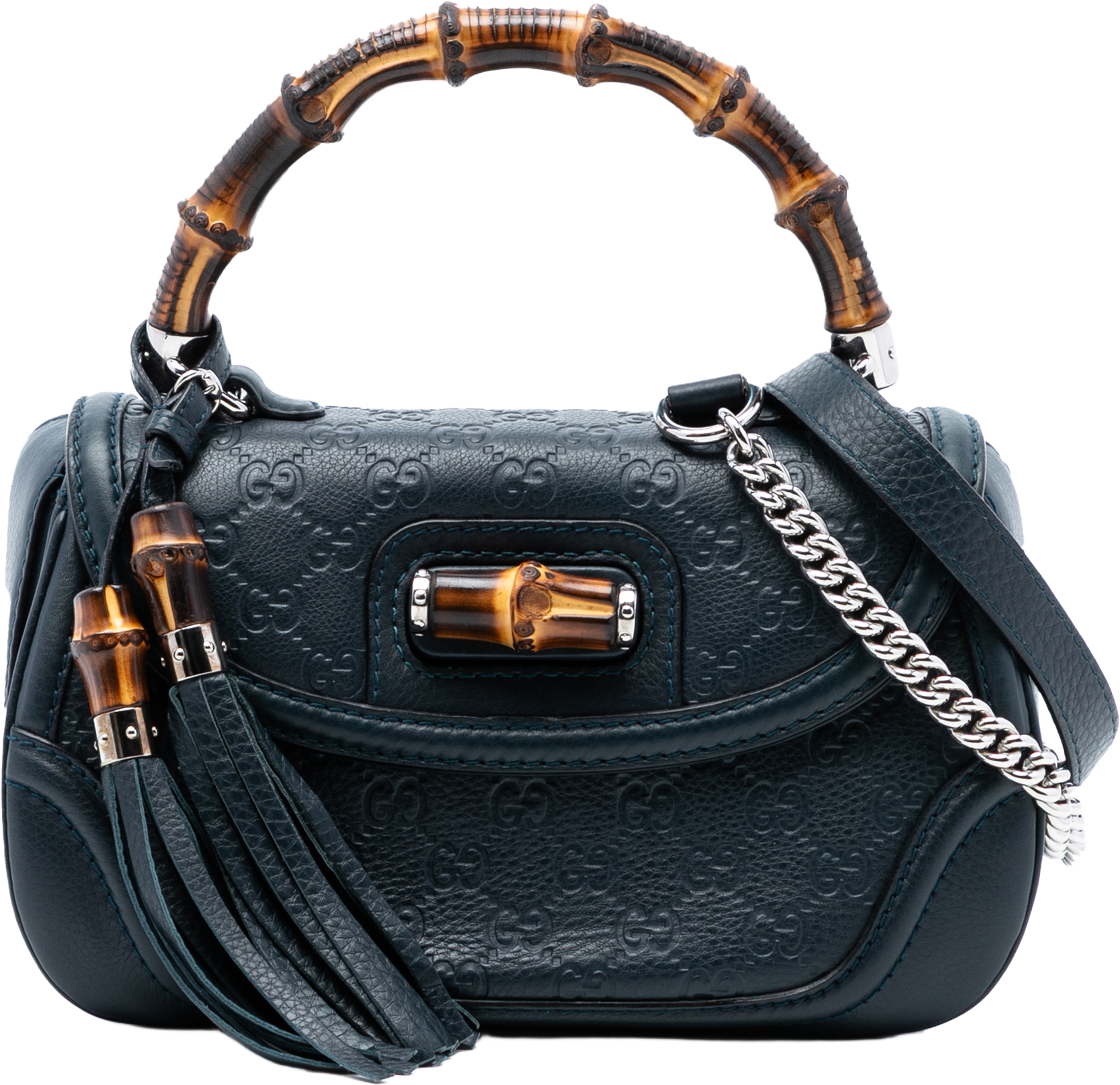 Gucci Medium Guccissima New Bamboo Top Handle Bag, från Luxclusif, i färgen navy. Klicka för att öppna bilden i stort format