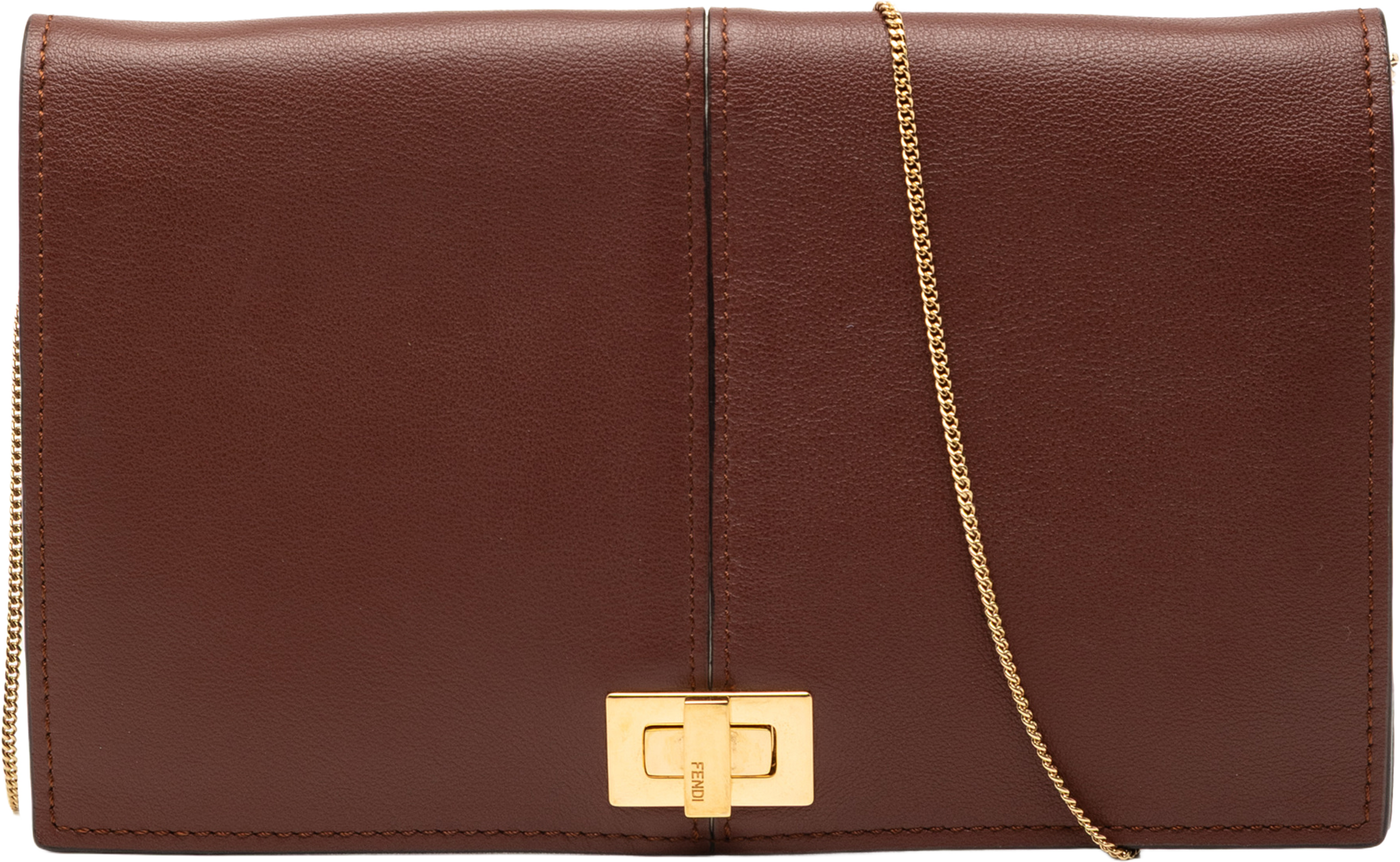 Fendi Leather Peekaboo Chain Clutch, från Luxclusif, i färgen brown. Klicka för att öppna bilden i stort format