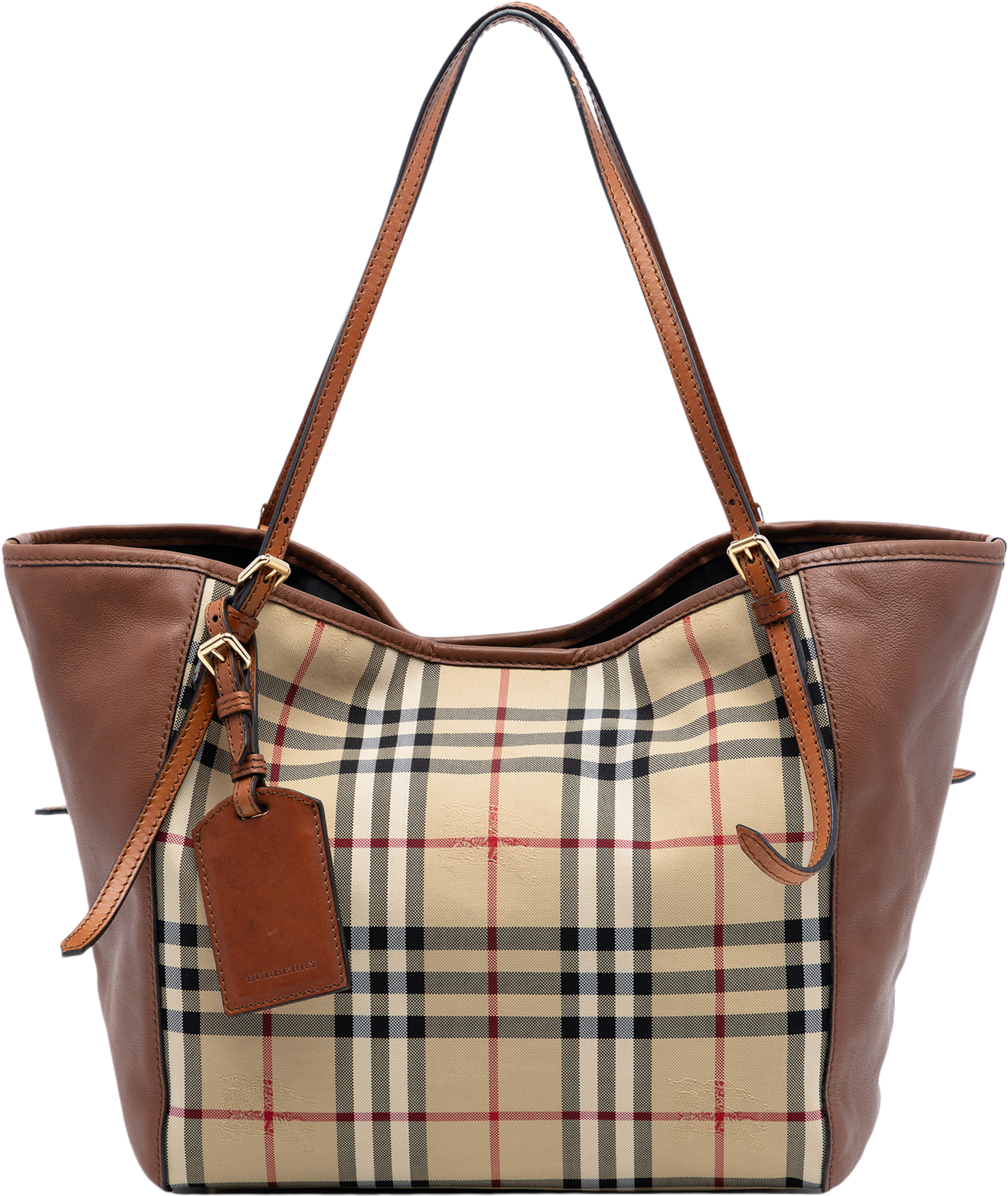 Burberry Small Leather Trimmed Haymarket Check Coated Canvas Canterbury Tote, från Luxclusif, i färgen beige. Klicka för att öppna bilden i stort format