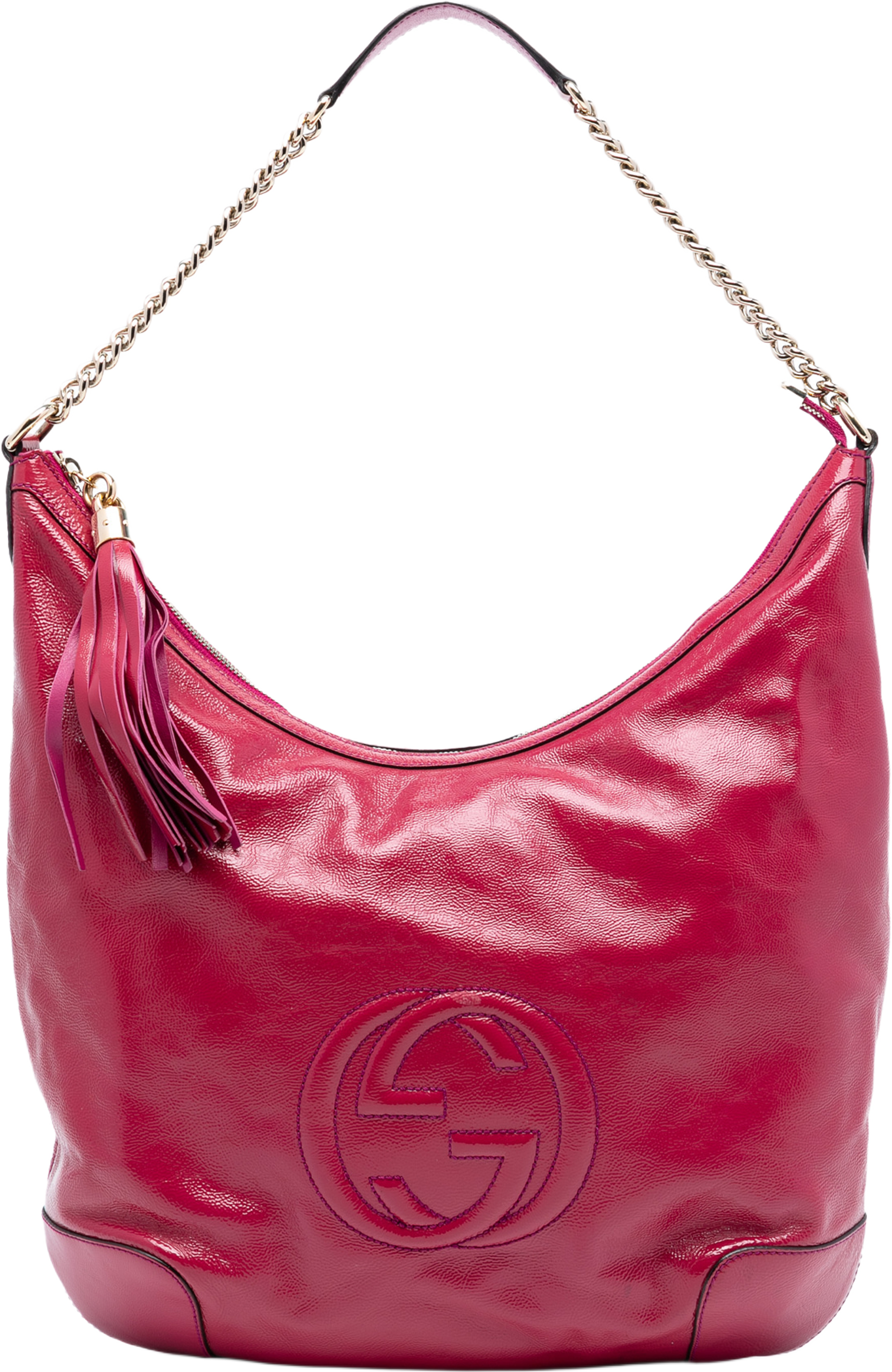 Gucci Patent Soho Shoulder Bag, från Luxclusif, i färgen dark pink. Klicka för att öppna bilden i stort format