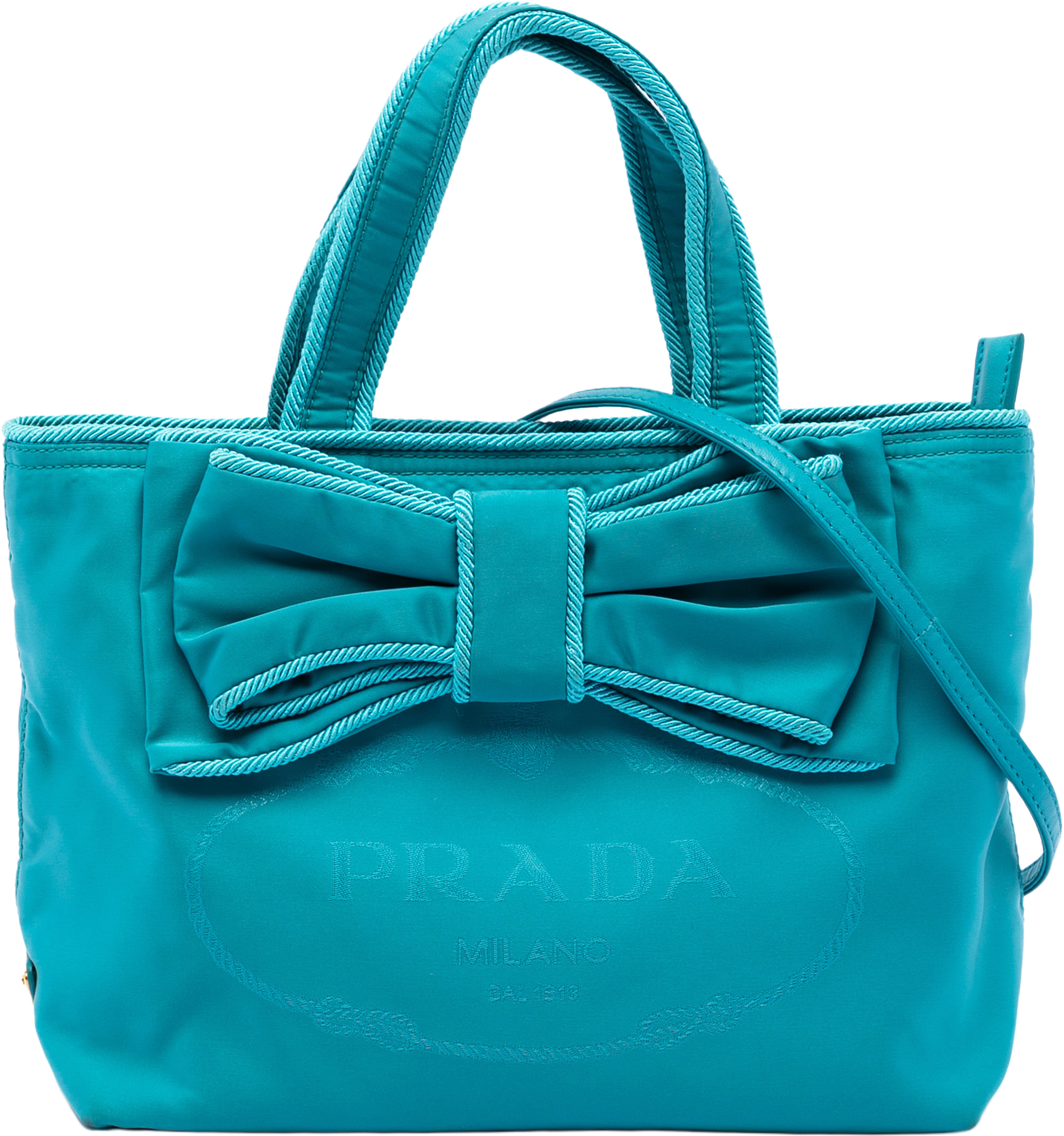 Prada Tessuto Canapa Logo Bow Satchel, från Luxclusif, i färgen turquoise. Klicka för att öppna bilden i stort format
