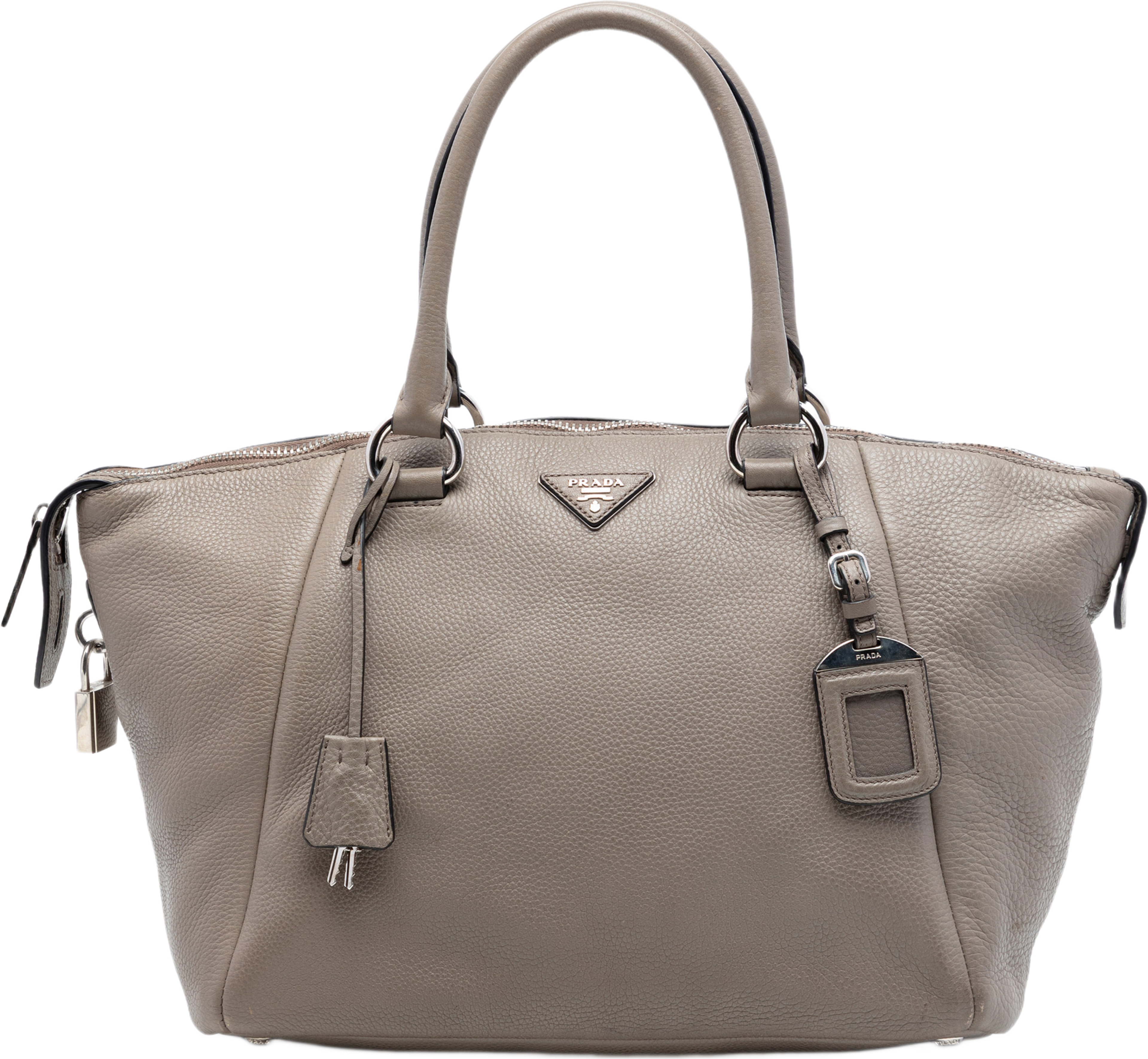 Prada Vitello Daino Double Handle Bag, från Luxclusif, i färgen taupe. Klicka för att öppna bilden i stort format