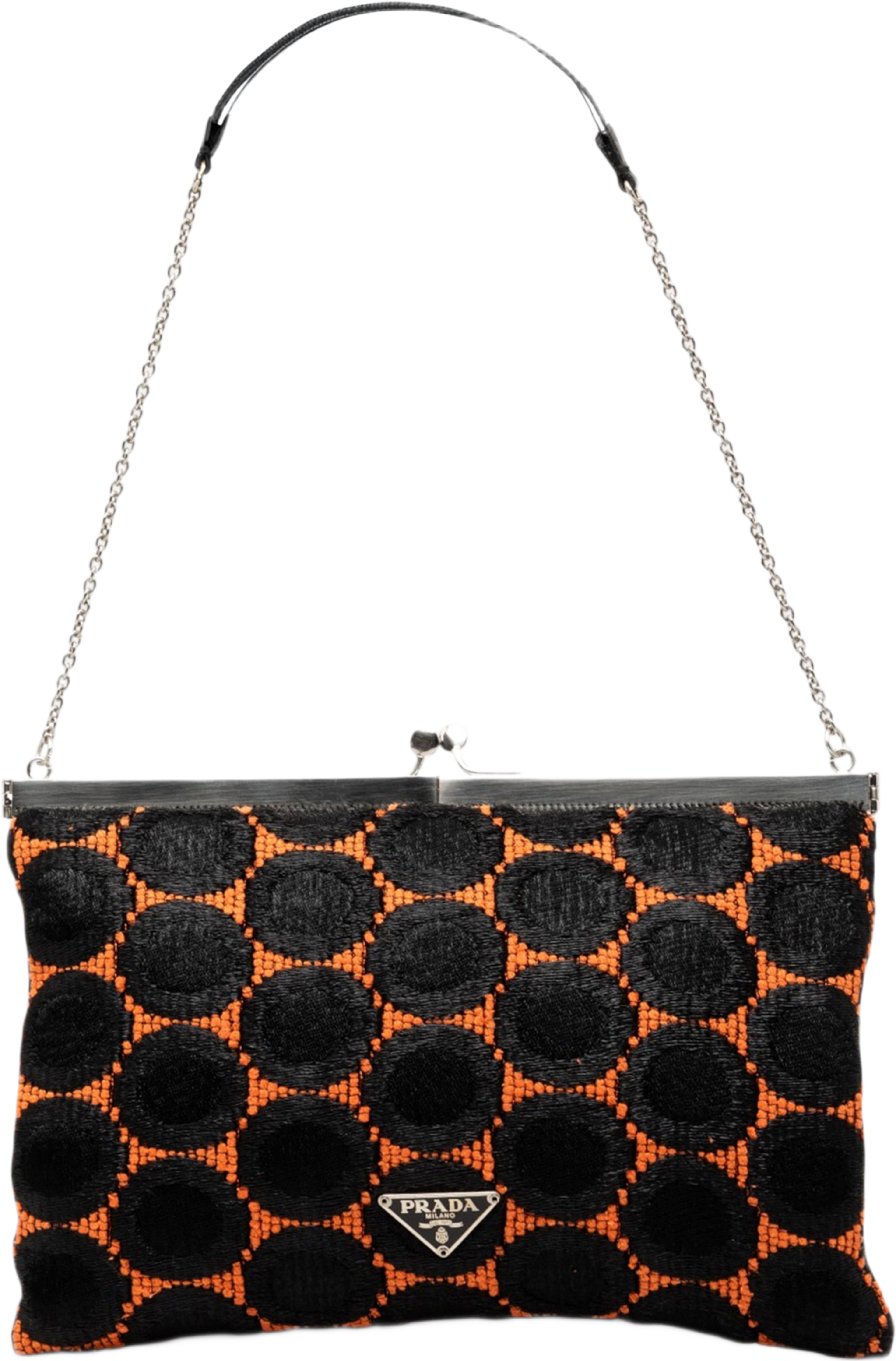 Prada Jacquard Kisslock Clutch With Chain, från Luxclusif, i färgen svart. Klicka för att öppna bilden i stort format