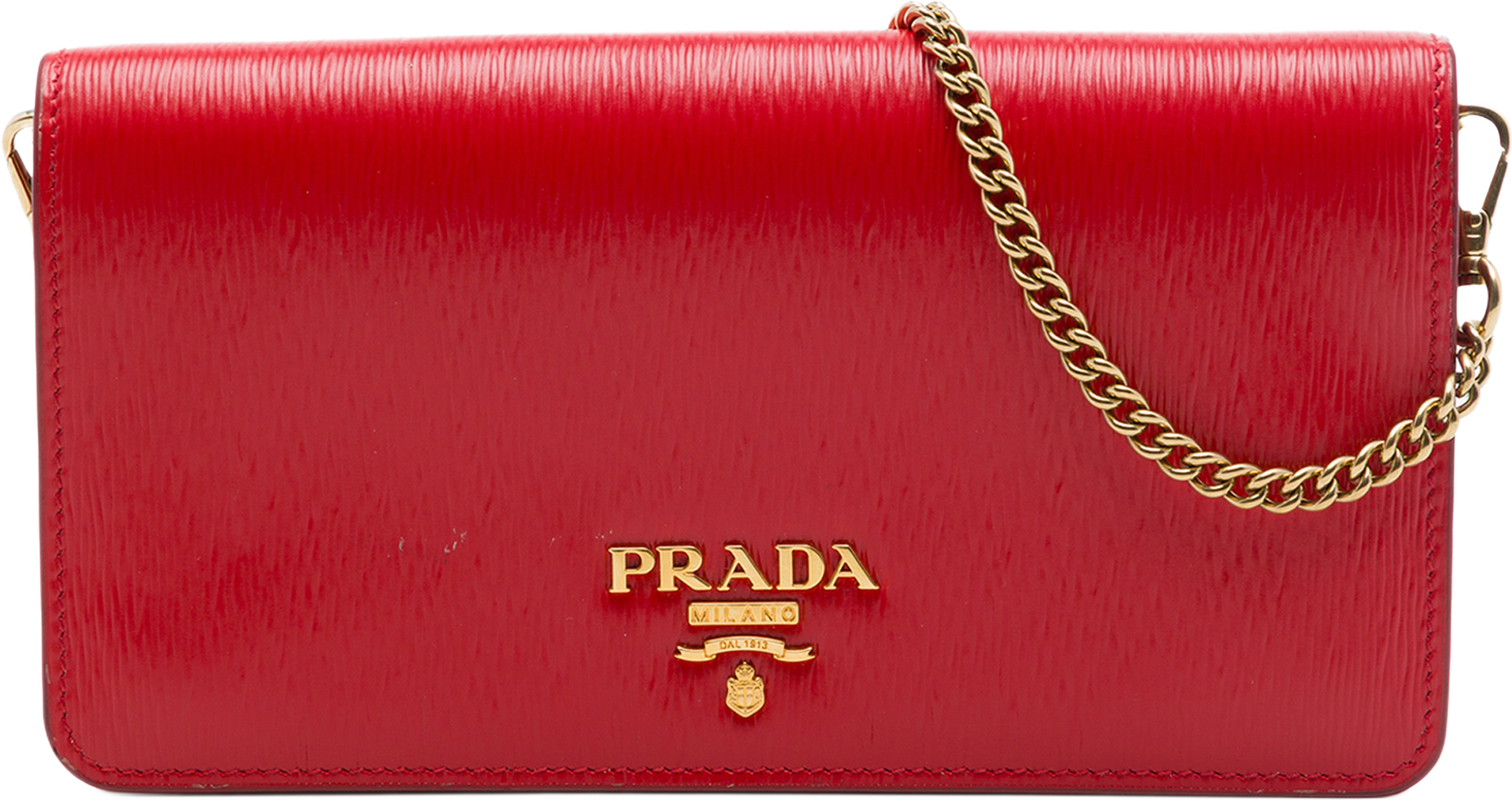 Prada Vitello Move Clutch With Chain, från Luxclusif, i färgen röd. Klicka för att öppna bilden i stort format