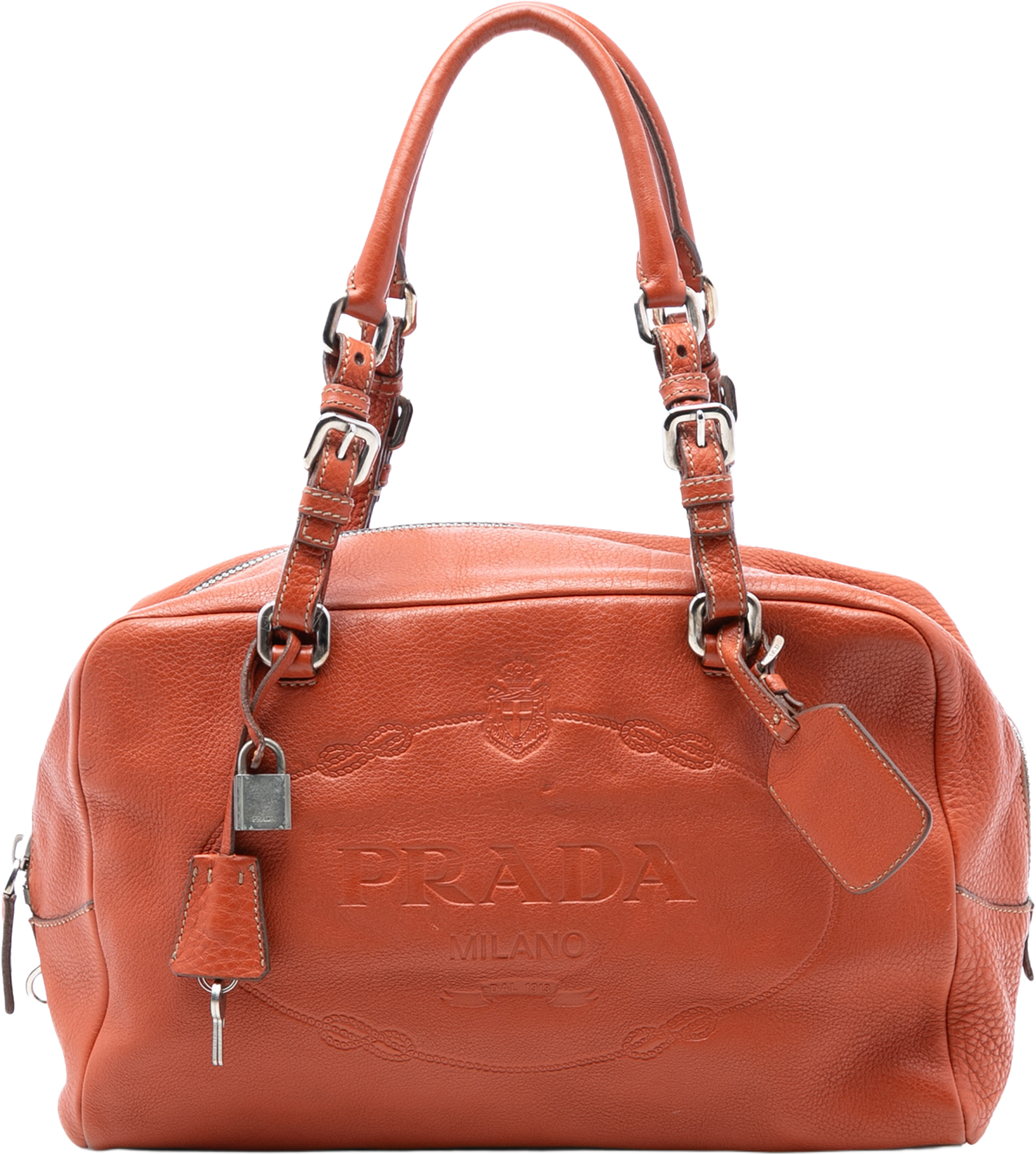 Prada Vitello Daino Embossed Logo Bauletto, från Luxclusif, i färgen brick. Klicka för att öppna bilden i stort format