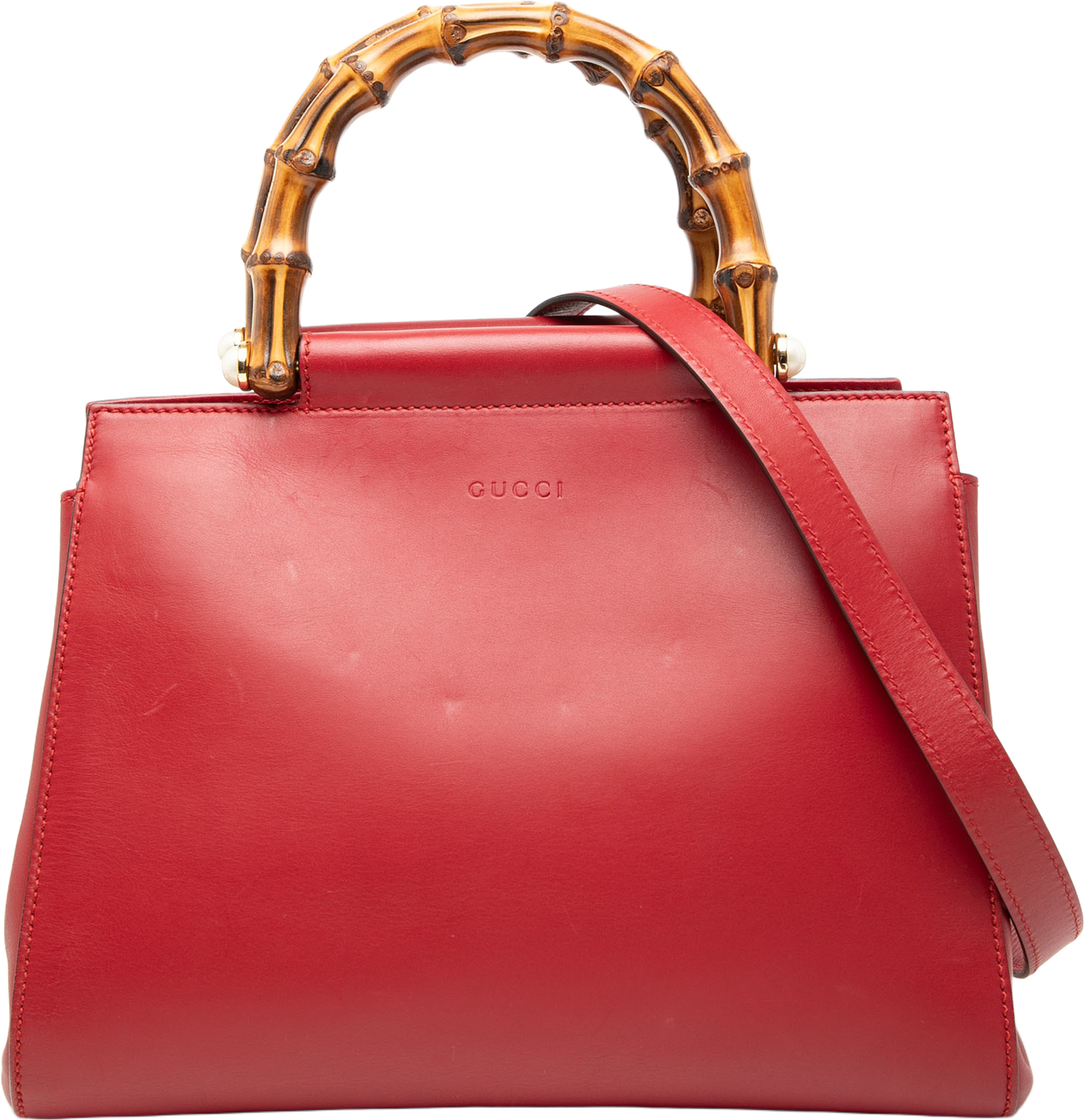 Gucci Small Leather Bamboo Nymphaea Satchel, från Luxclusif, i färgen red. Klicka för att öppna bilden i stort format