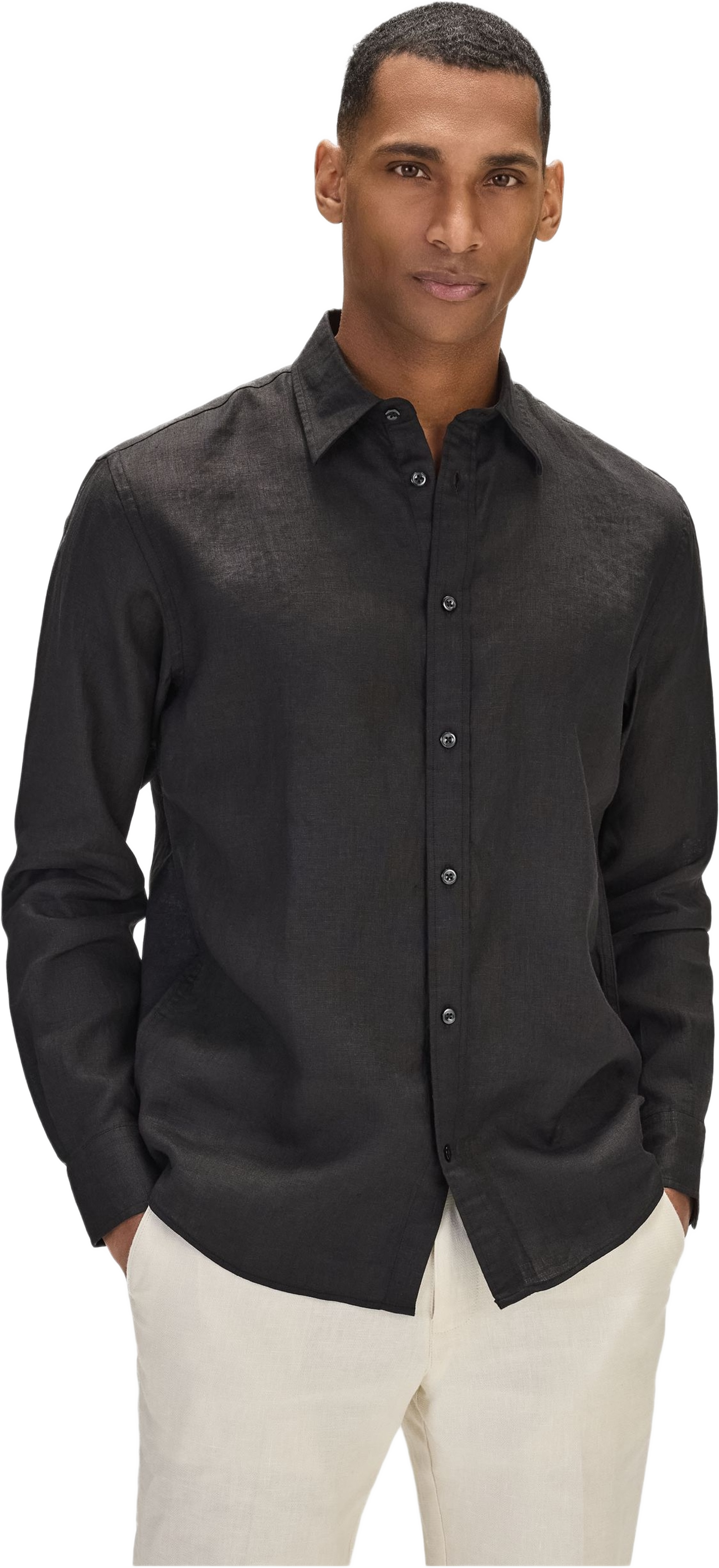 Casual Linen Shirt Solid Pointed Collar, från John Henric, i färgen black. Klicka för att öppna bilden i stort format