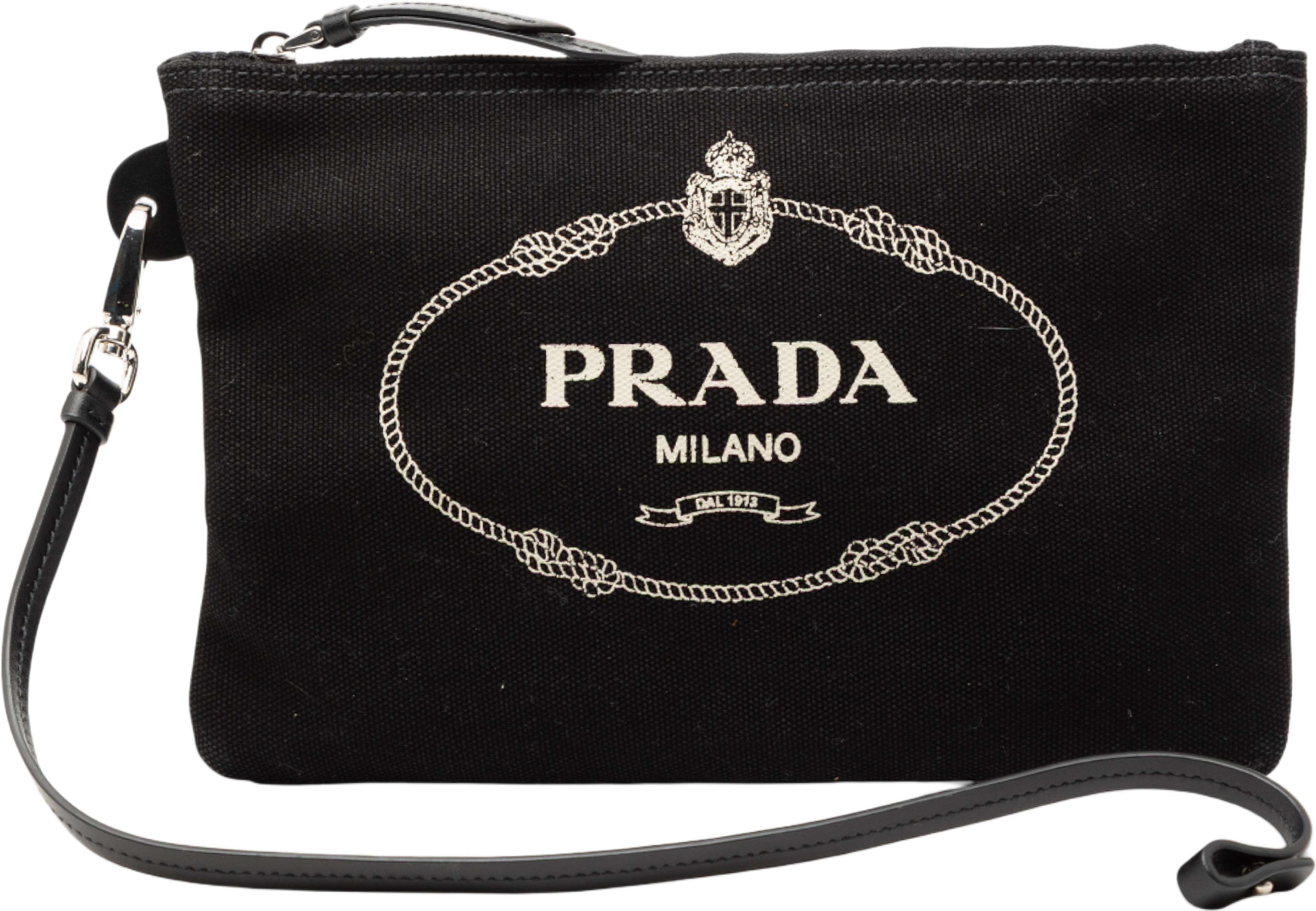 Prada Canvas Canapa Logo Pouch, från Luxclusif, i färgen black. Klicka för att öppna bilden i stort format