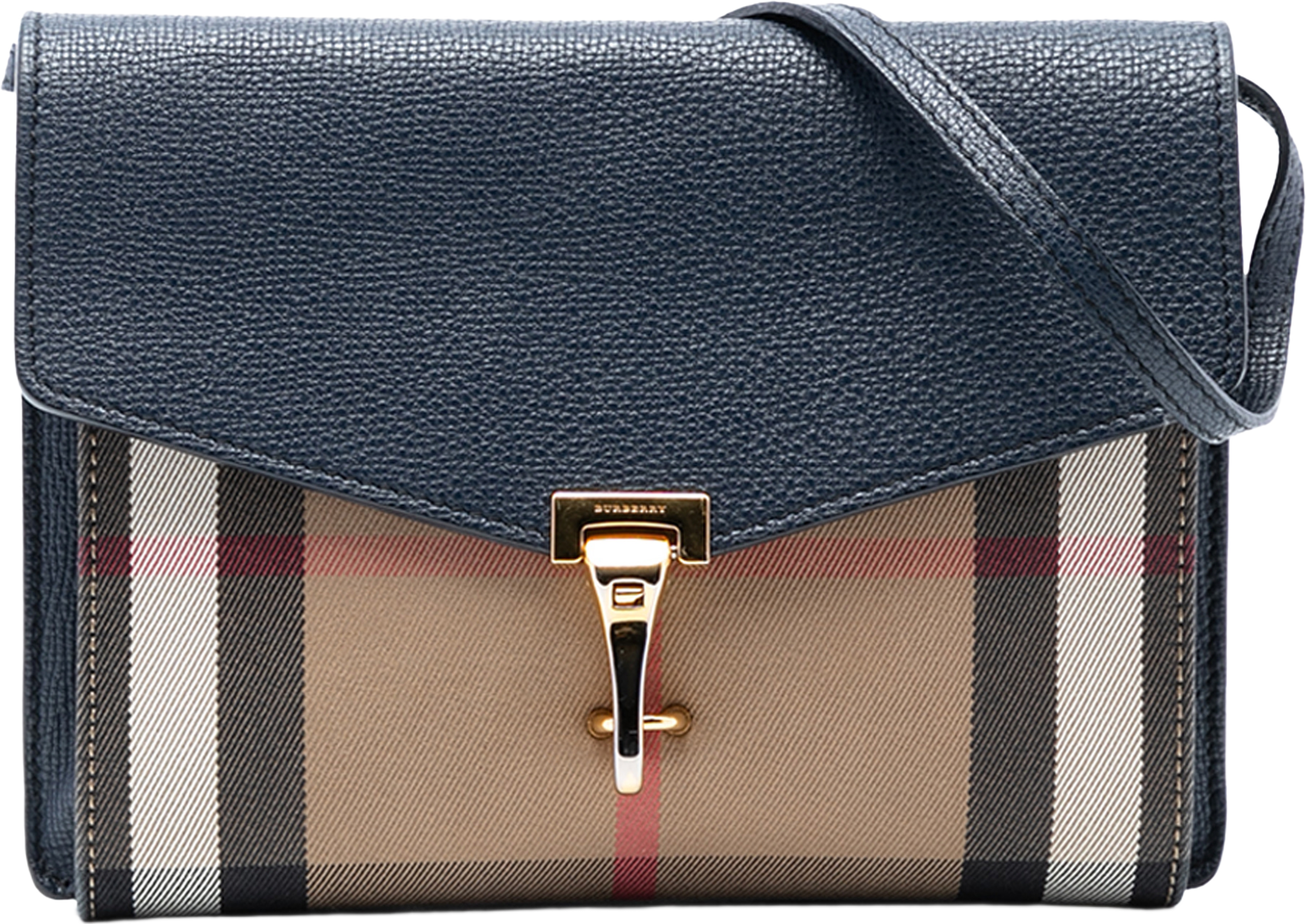 Burberry Small Leather And House Check Canvas Derby Macken Crossbody, från Luxclusif, i färgen navy. Klicka för att öppna bilden i stort format
