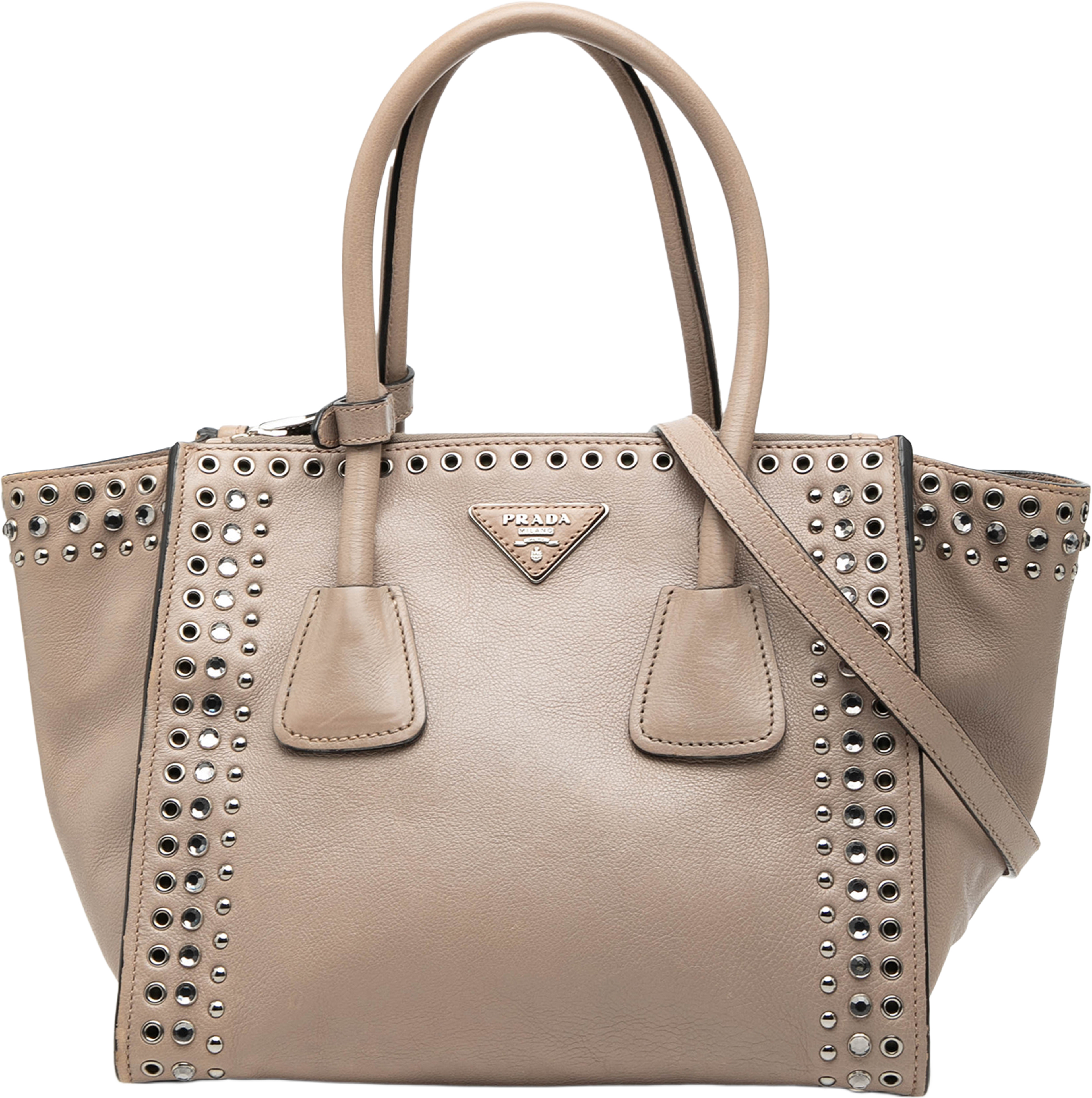 Prada Glace Calf Studded Twin Pocket Satchel, från Luxclusif, i färgen beige. Klicka för att öppna bilden i stort format