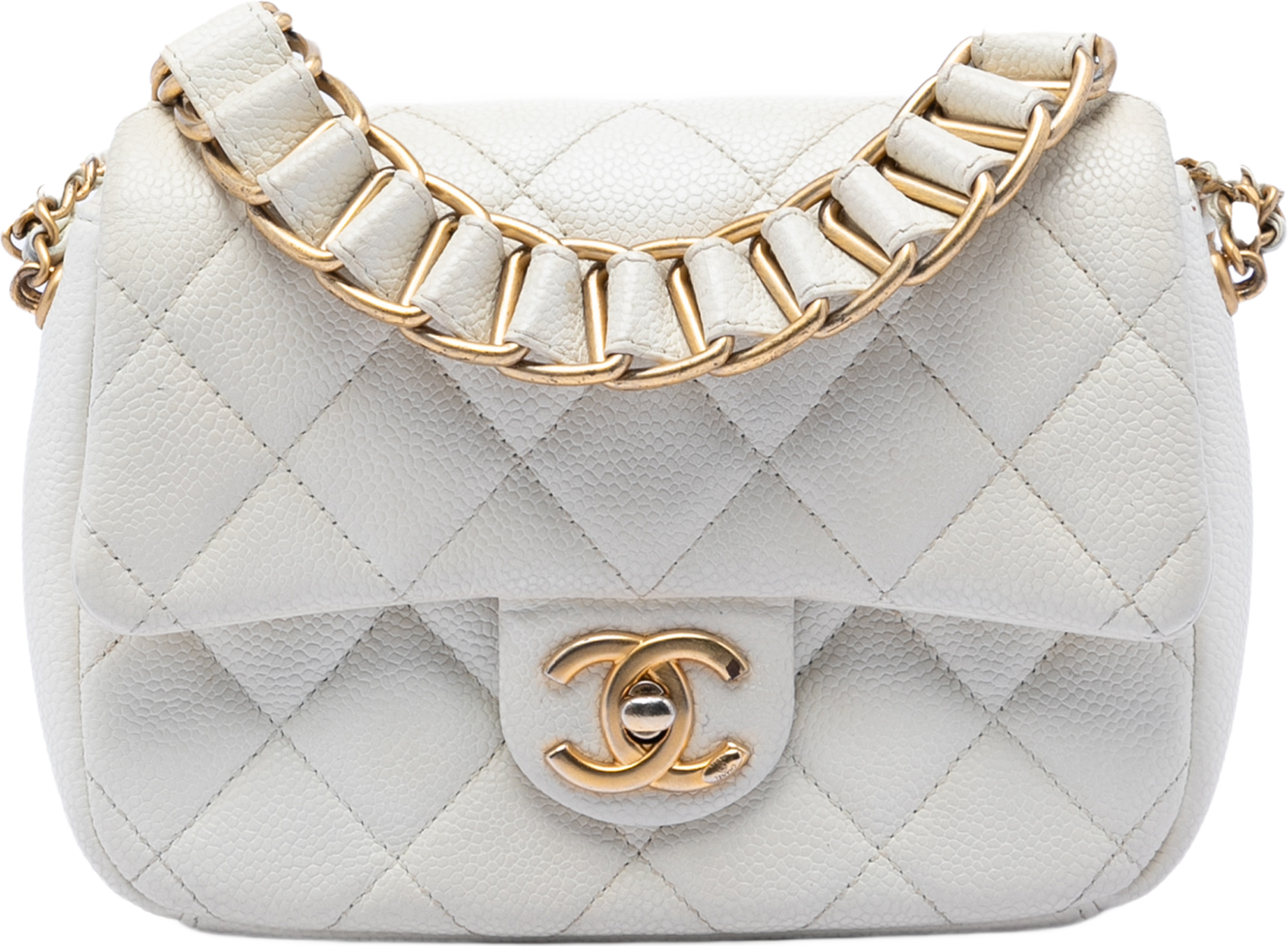 Chanel Mini Quilted Caviar Chain Soul Flap, från Luxclusif, i färgen white. Klicka för att öppna bilden i stort format