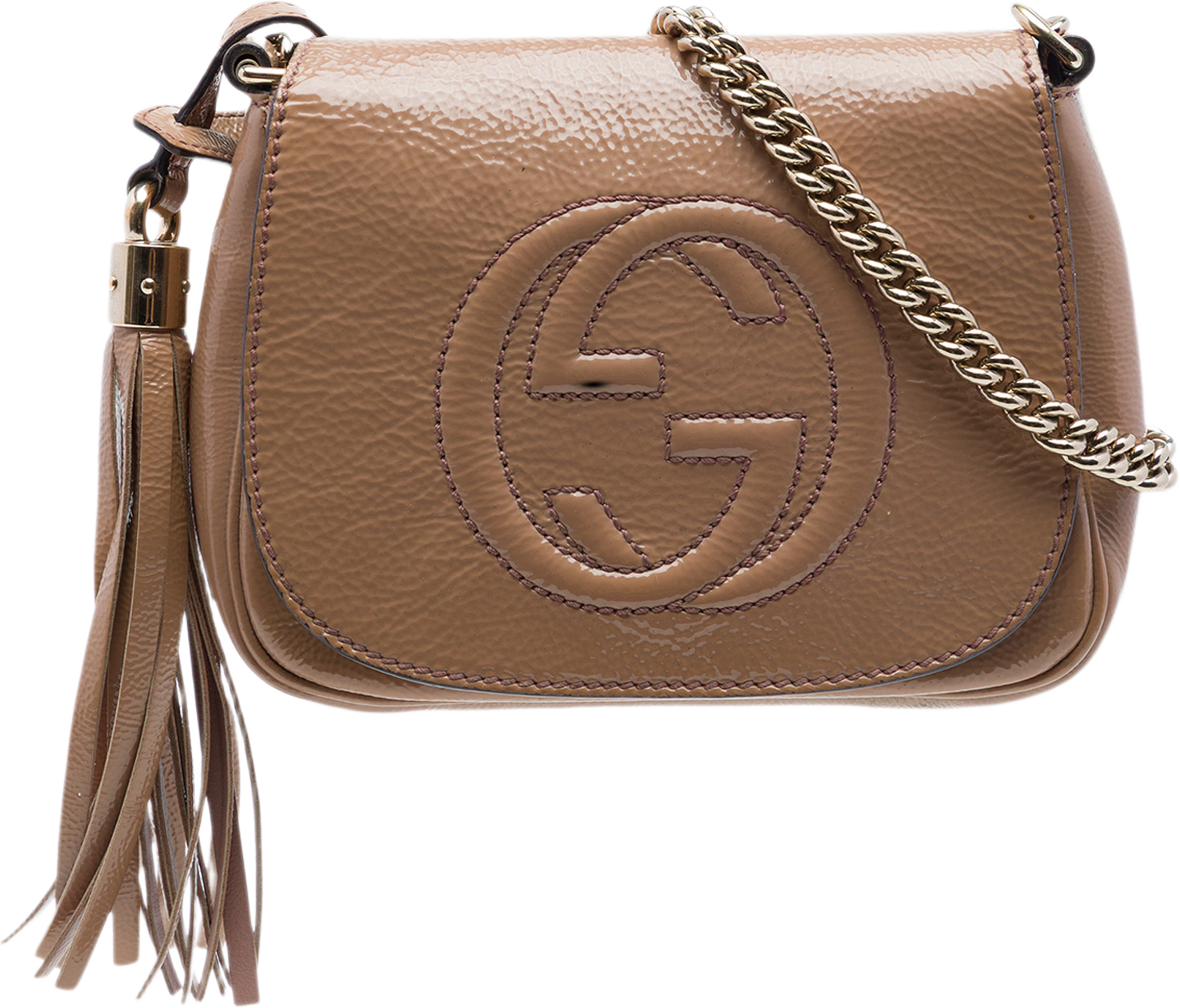 Gucci Small Patent Soho Chain Flap Crossbody, från Luxclusif, i färgen brun. Klicka för att öppna bilden i stort format