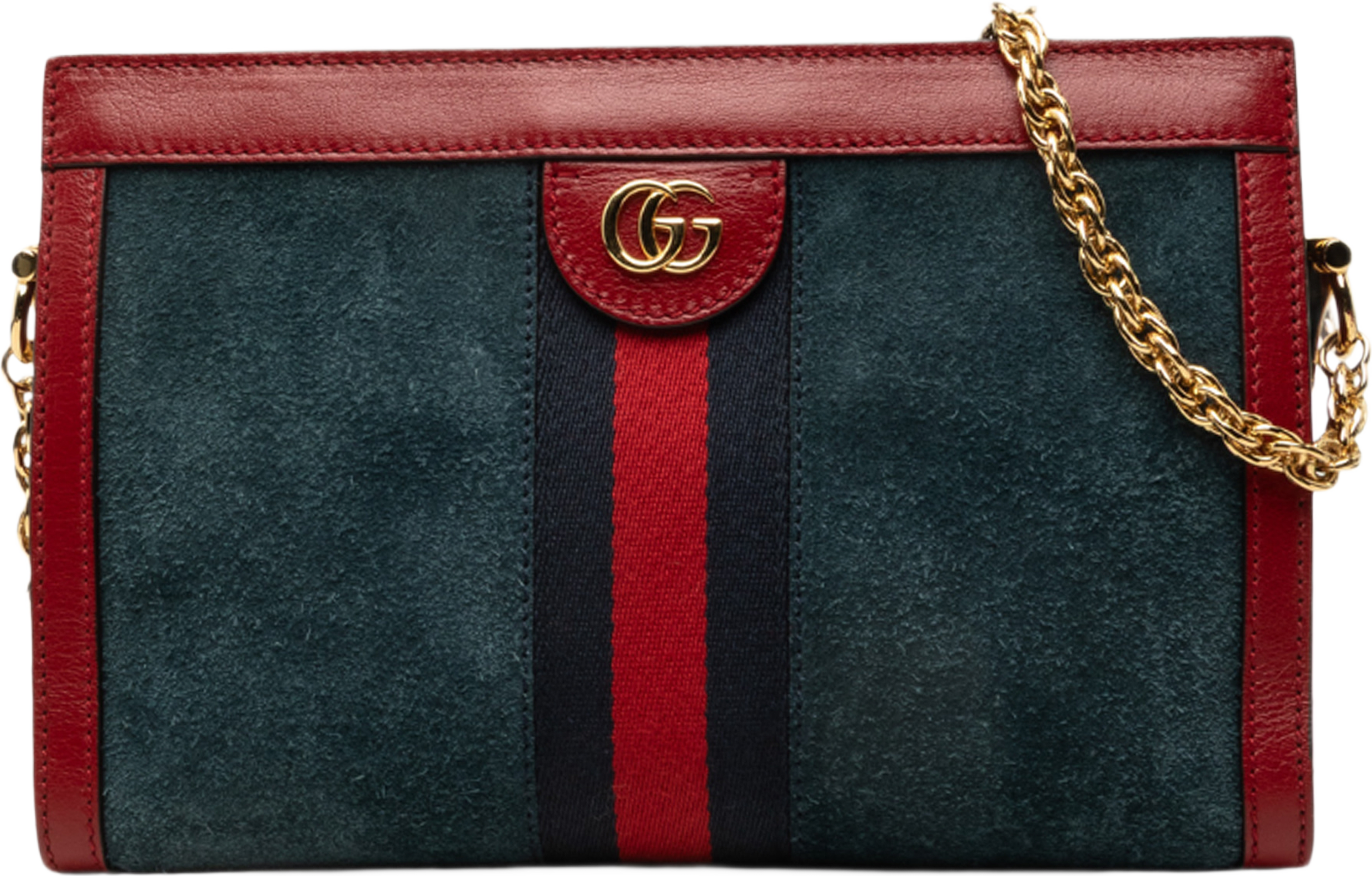 Gucci Small Suede Web Ophidia Chain Crossbody, från Luxclusif, i färgen blå. Klicka för att öppna bilden i stort format