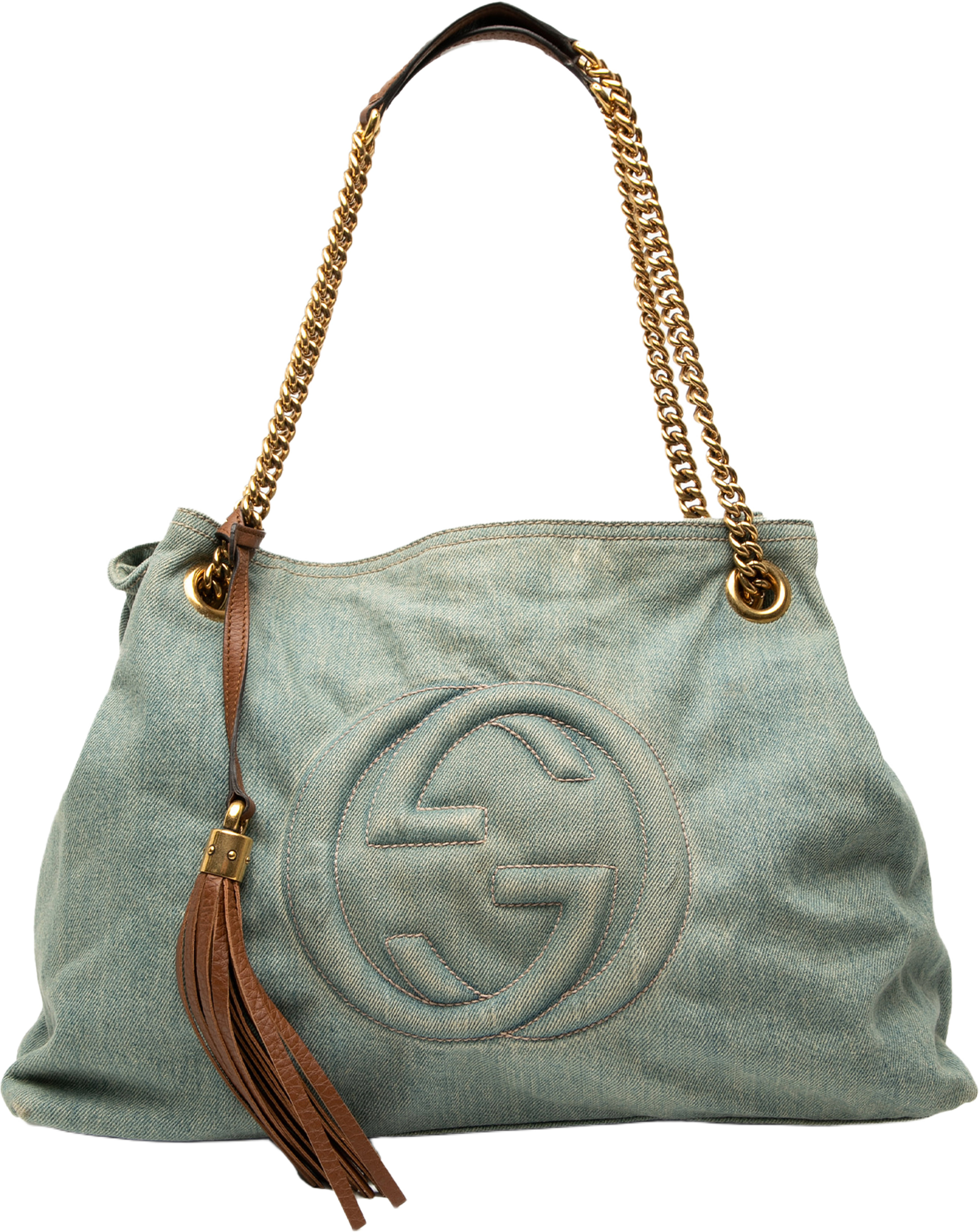 Gucci Medium Denim Soho Chain Tote, från Luxclusif, i färgen denim. Klicka för att öppna bilden i stort format