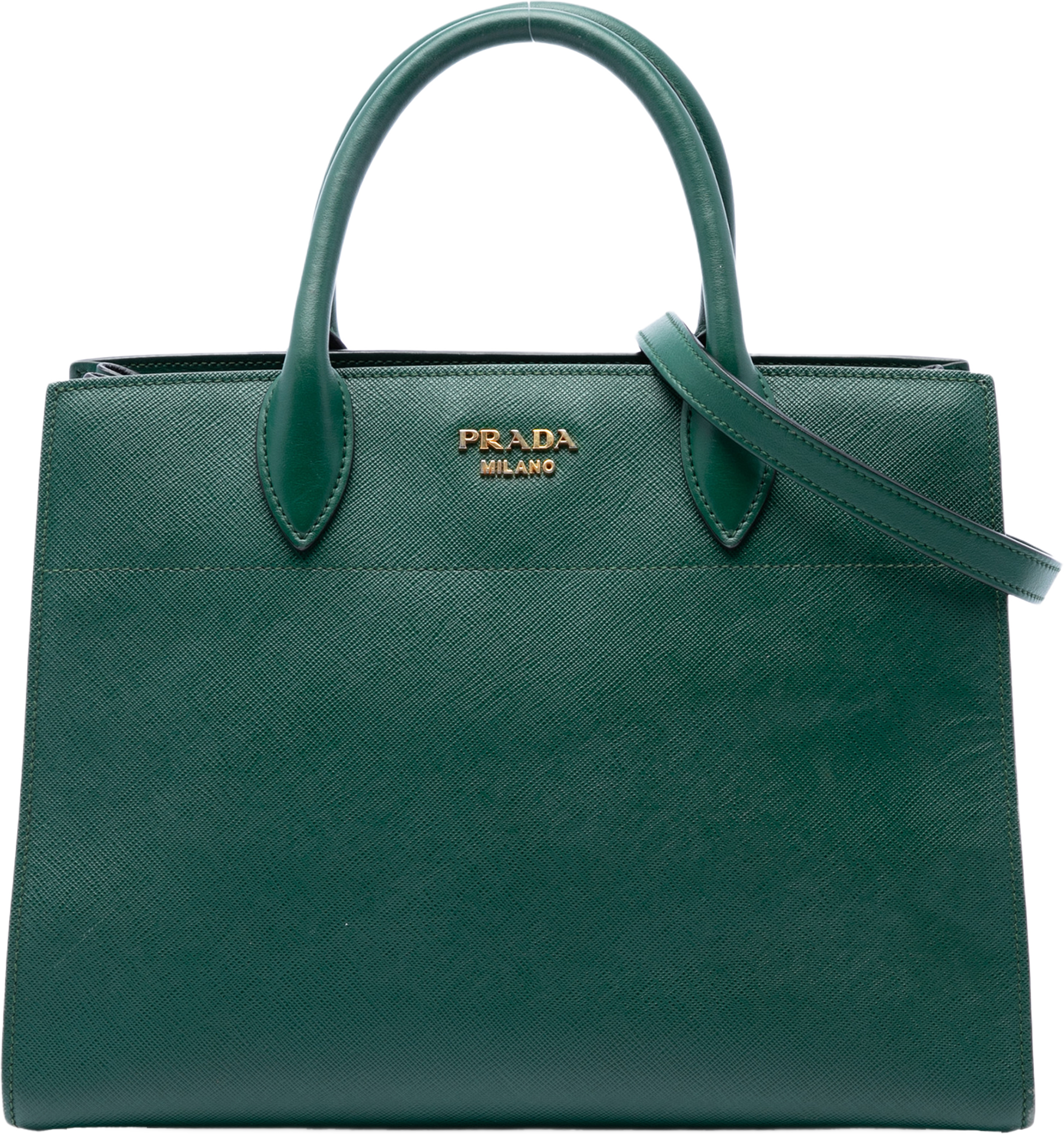 Prada Saffiano Bibliotheque Satchel, från Luxclusif, i färgen grön. Klicka för att öppna bilden i stort format
