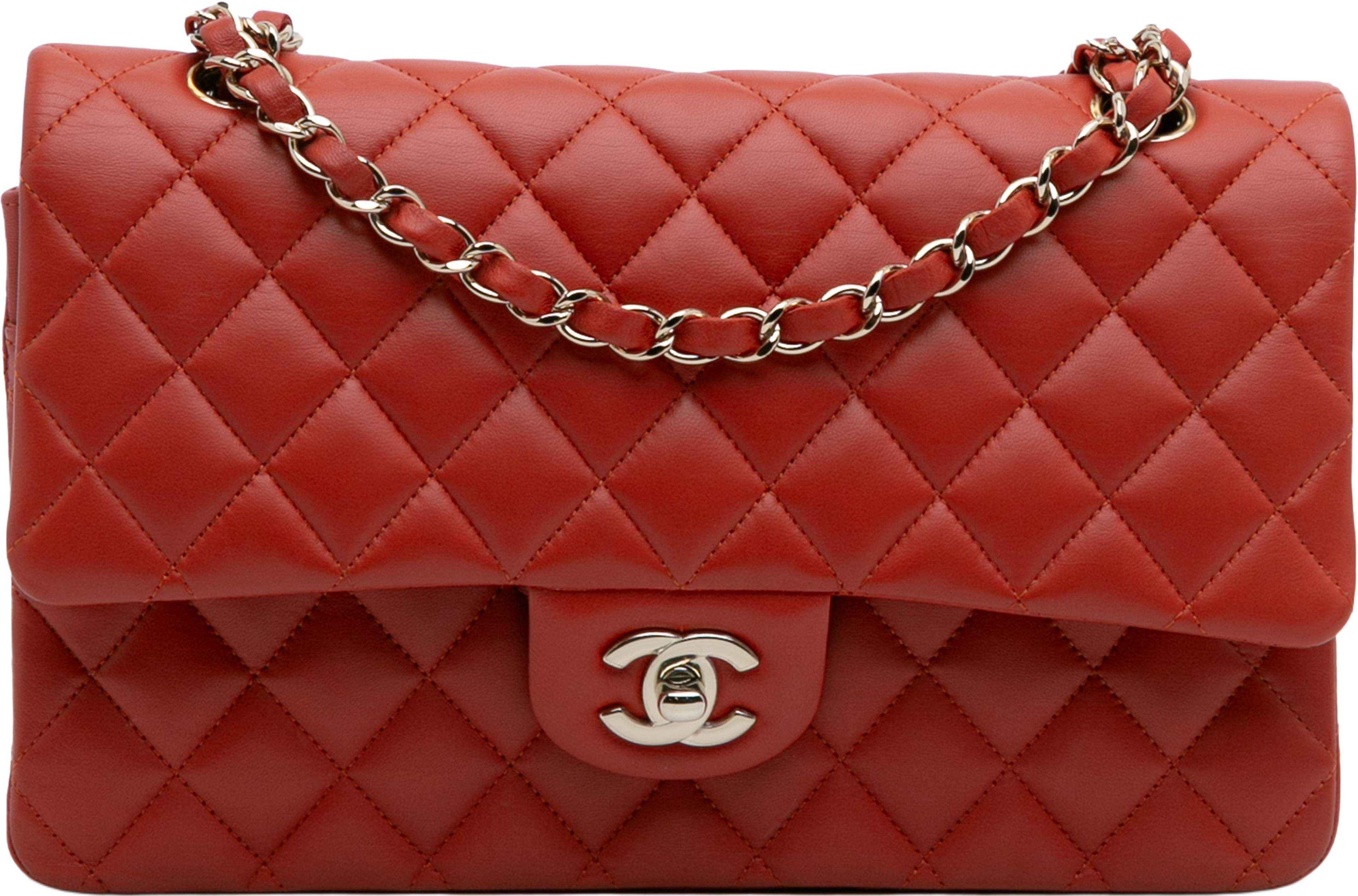 Chanel Medium Classic Lambskin Double Flap, från Luxclusif, i färgen red. Klicka för att öppna bilden i stort format