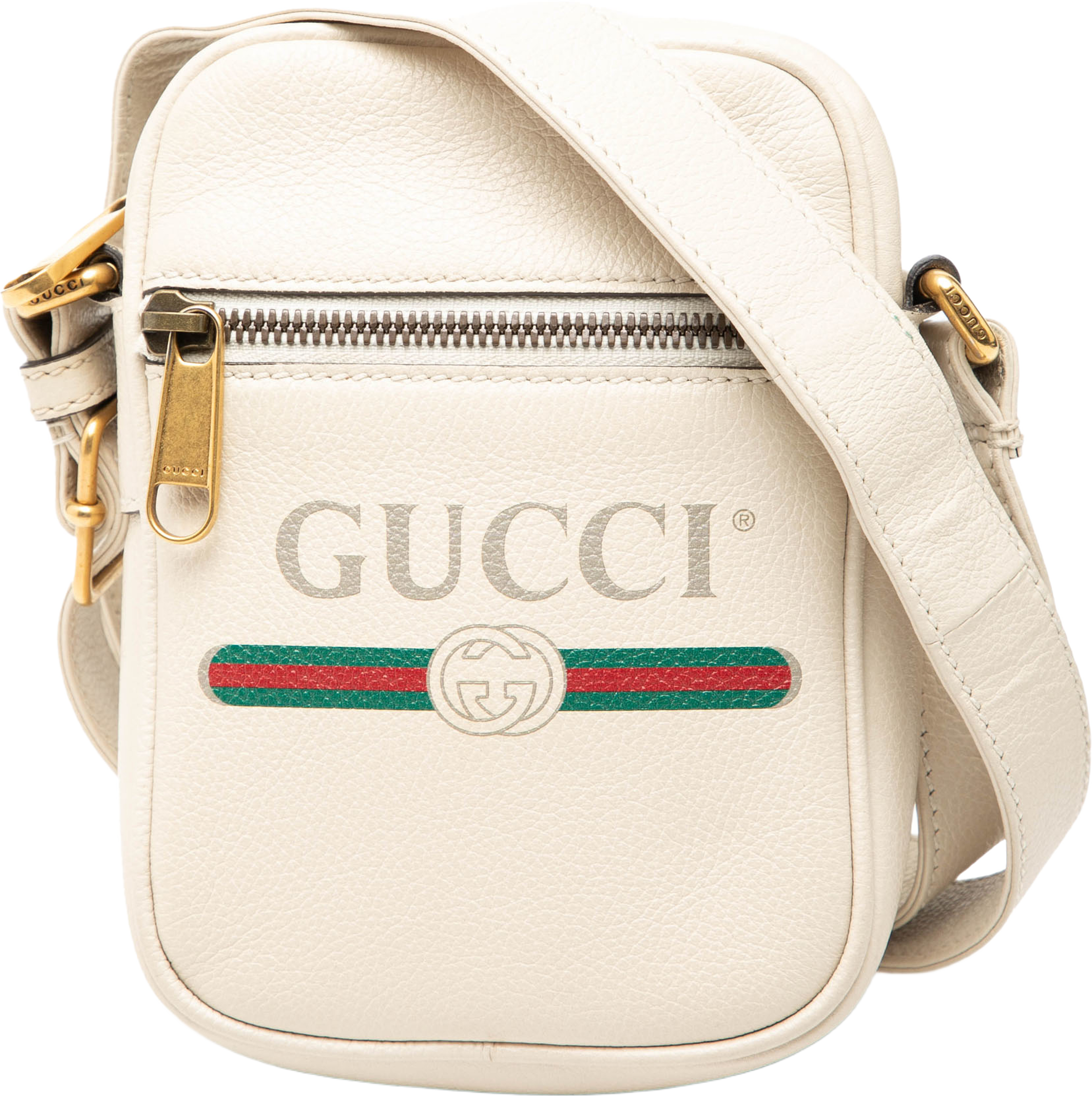 Gucci Mini Grained Calfskin Logo Crossbody, från Luxclusif, i färgen white. Klicka för att öppna bilden i stort format