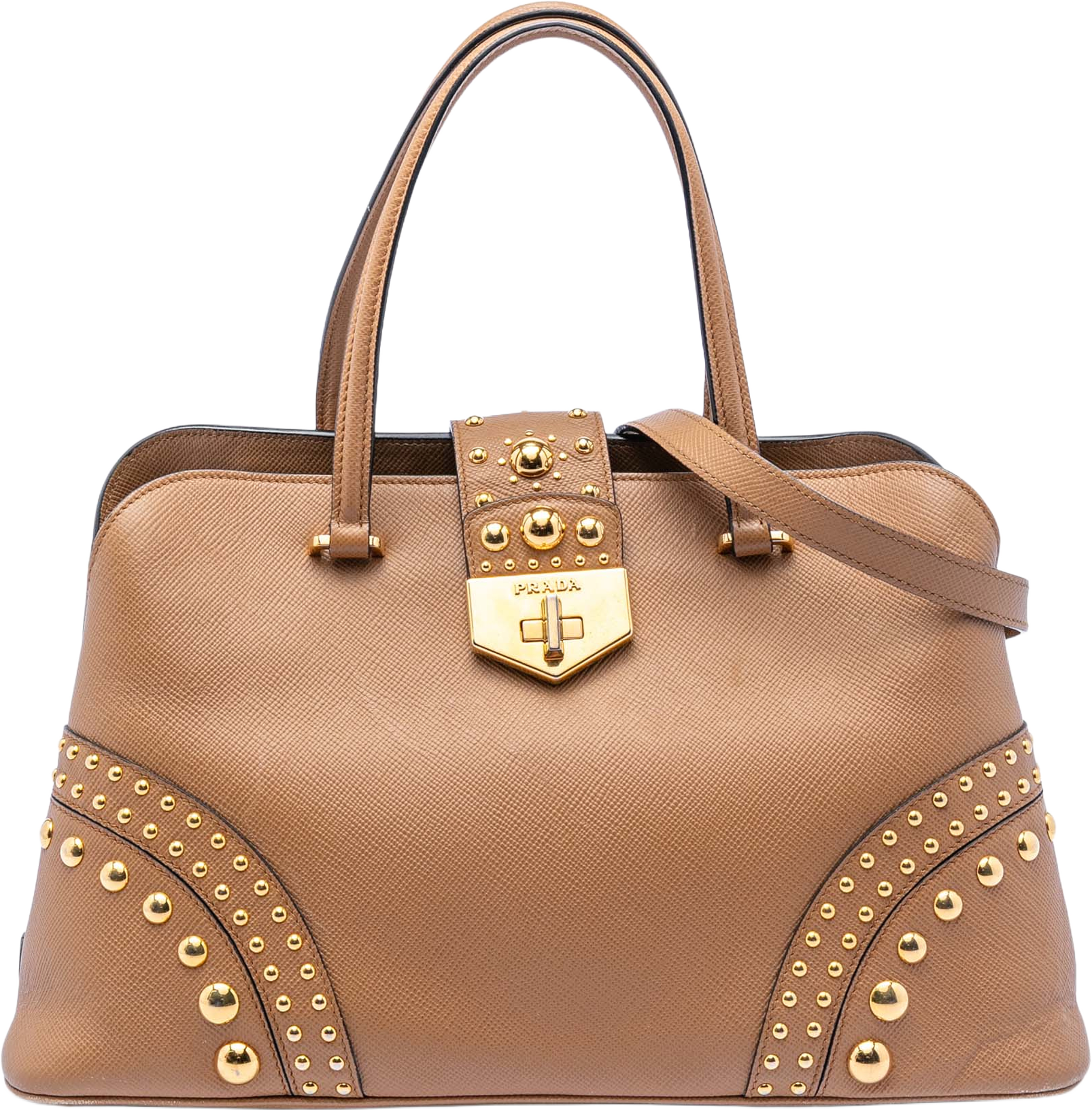 Prada Studded Saffiano Cuir Promenade Satchel, från Luxclusif, i färgen light brown. Klicka för att öppna bilden i stort format