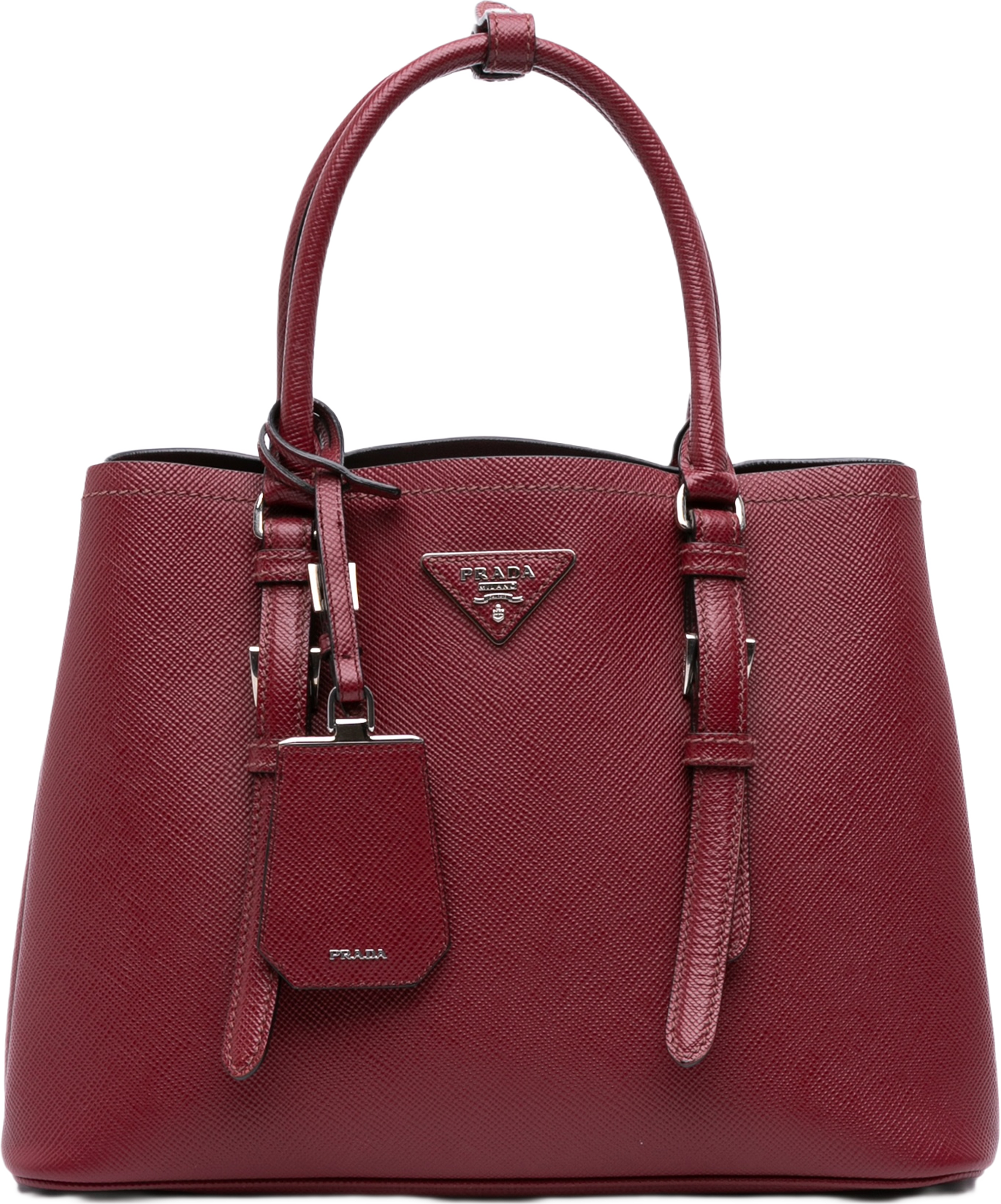 Prada Saffiano Cuir Double Satchel, från Luxclusif, i färgen dark red.