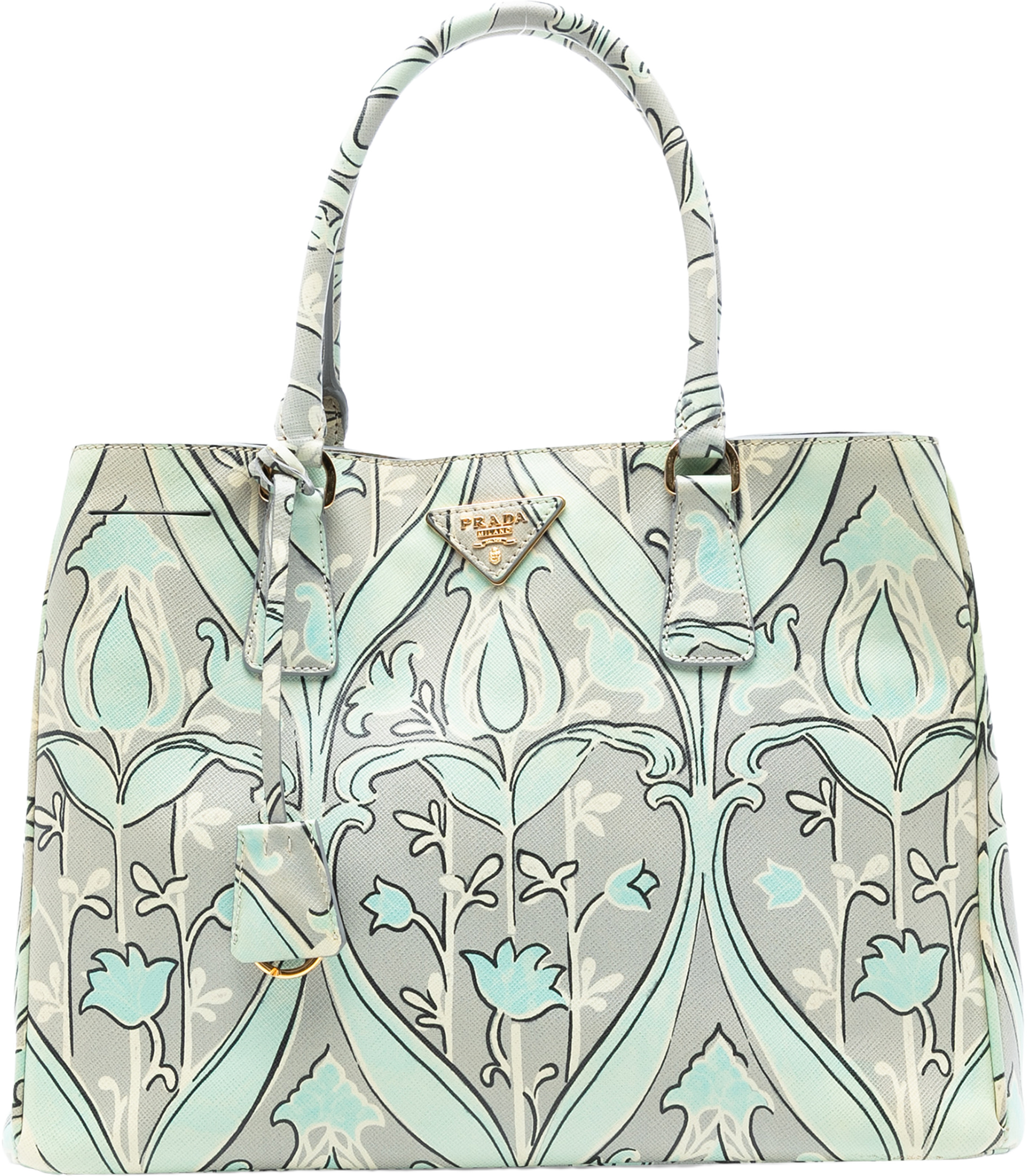 Prada Medium Saffiano Floral Print Galleria Satchel, från Luxclusif, i färgen mint. Klicka för att öppna bilden i stort format