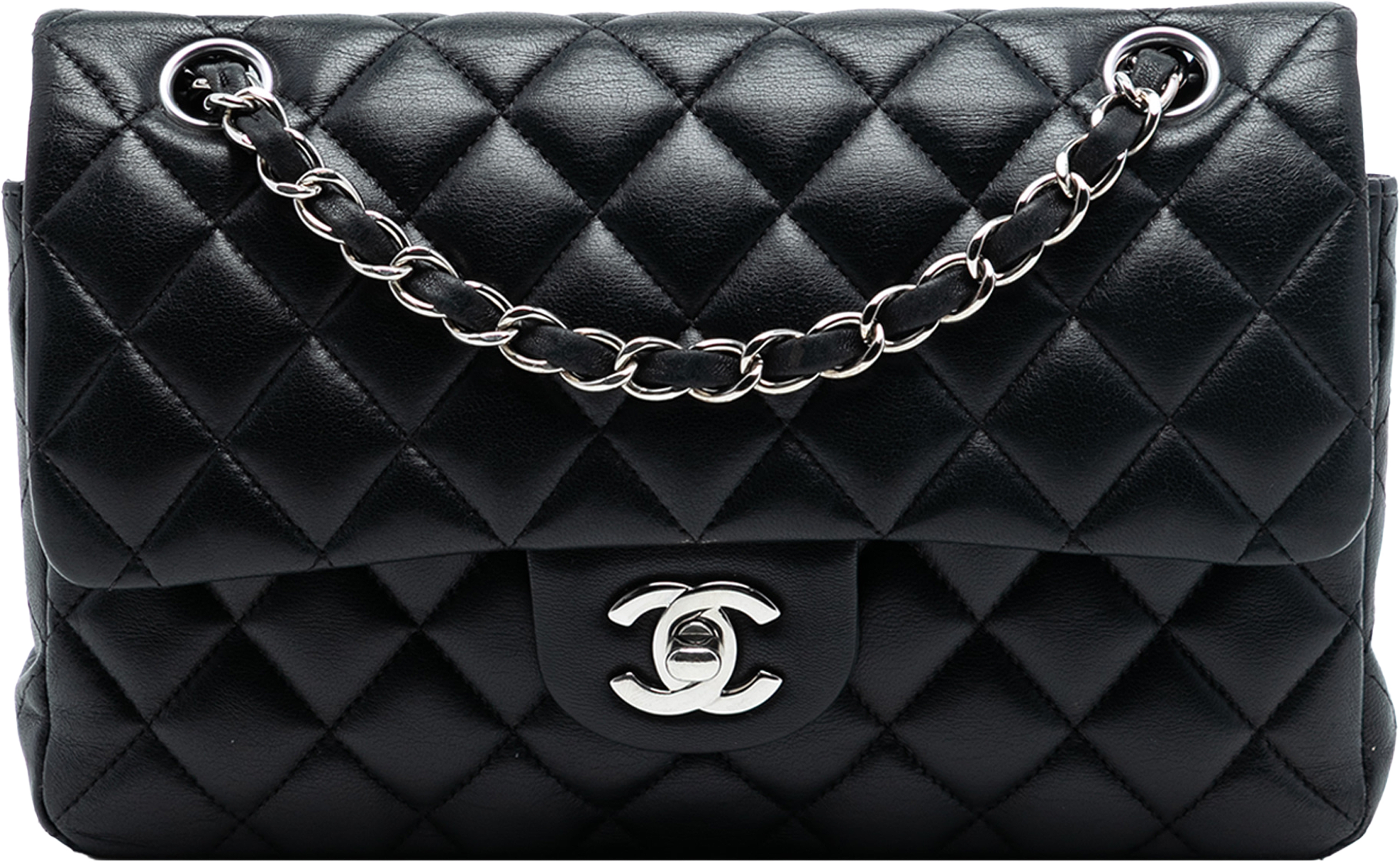 Chanel Small Classic Lambskin Double Flap, från Luxclusif, i färgen black. Klicka för att öppna bilden i stort format