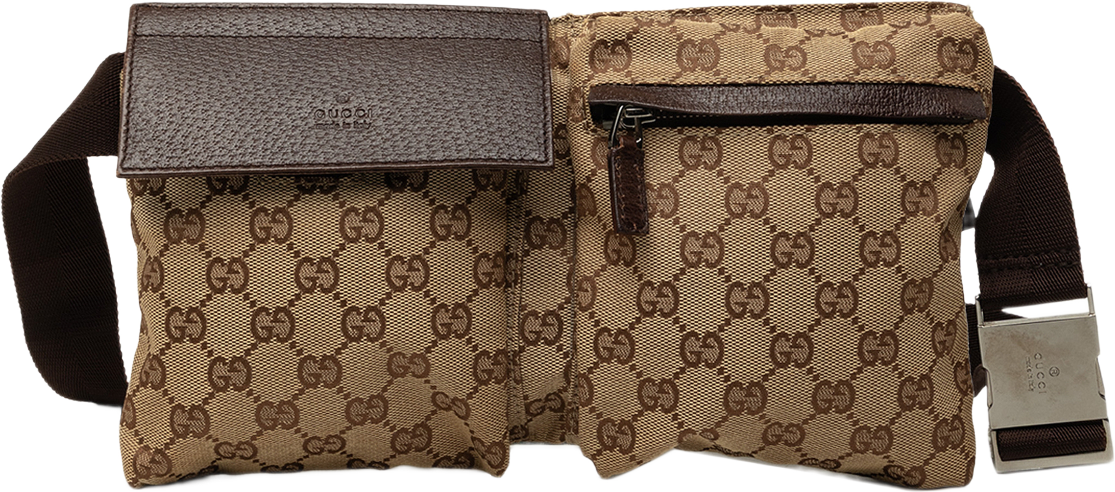 Gucci Gg Canvas Double Pocket Belt Bag, från Luxclusif, i färgen beige. Klicka för att öppna bilden i stort format