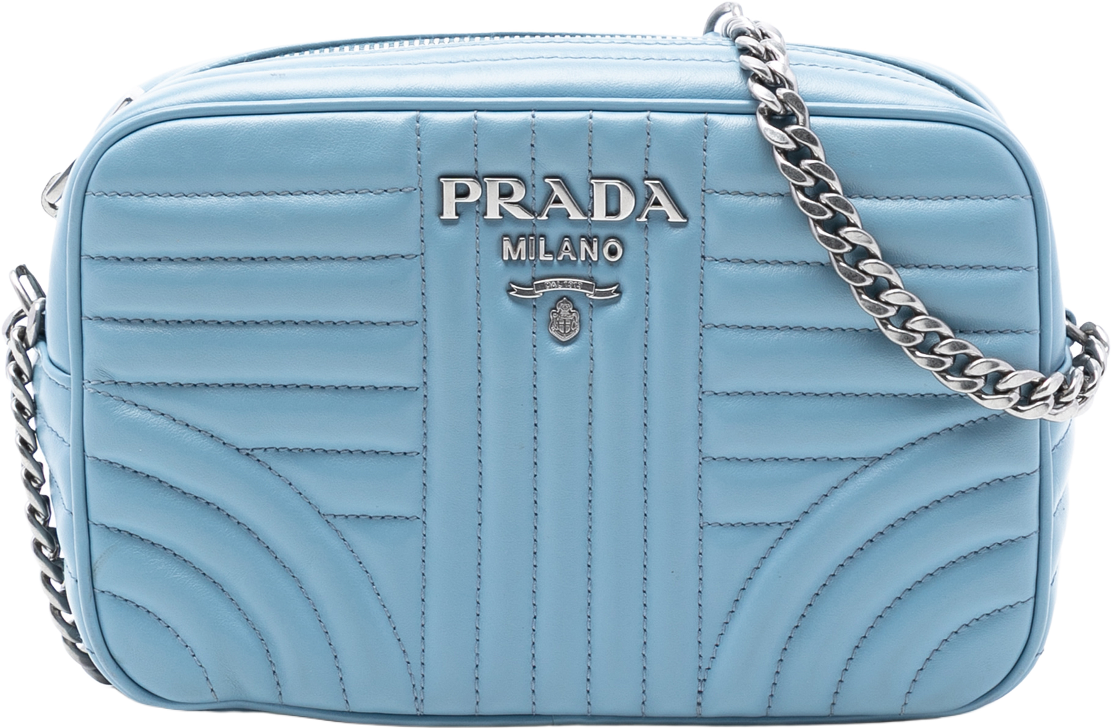 Prada Soft Calfskin Diagramme Camera Bag, från Luxclusif, i färgen light blue. Klicka för att öppna bilden i stort format