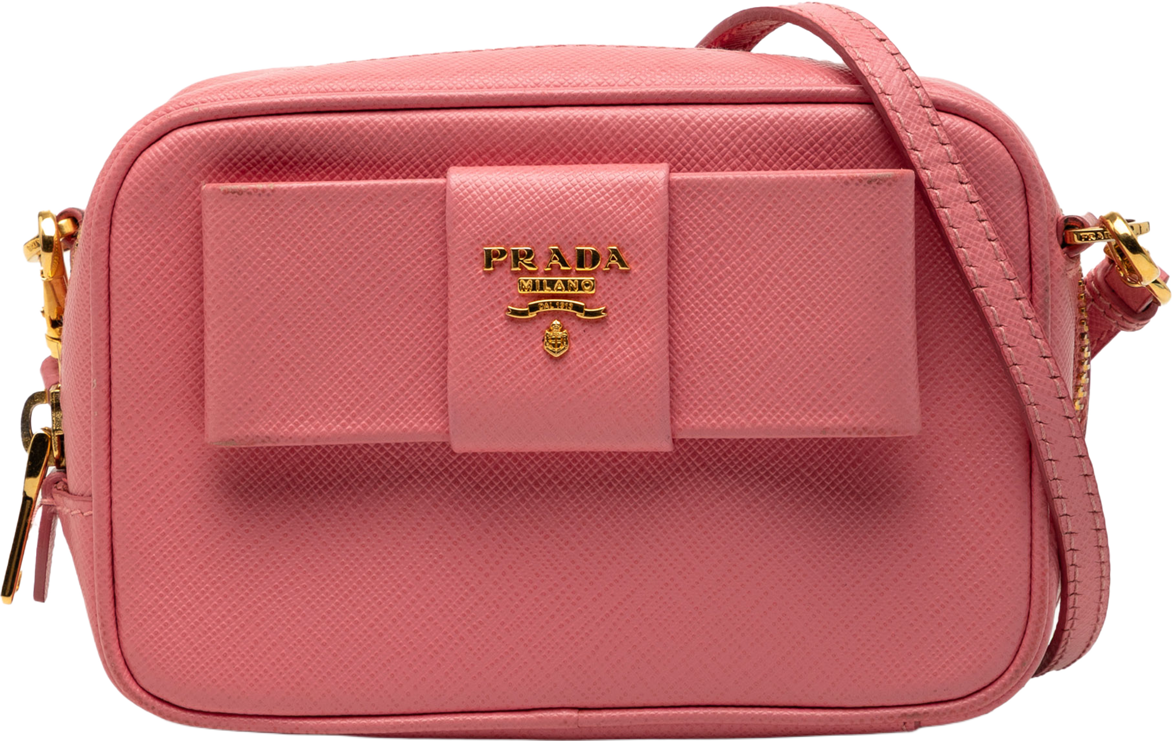 Prada Saffiano Fiocco Bow Camera Bag, från Luxclusif, i färgen pink. Klicka för att öppna bilden i stort format