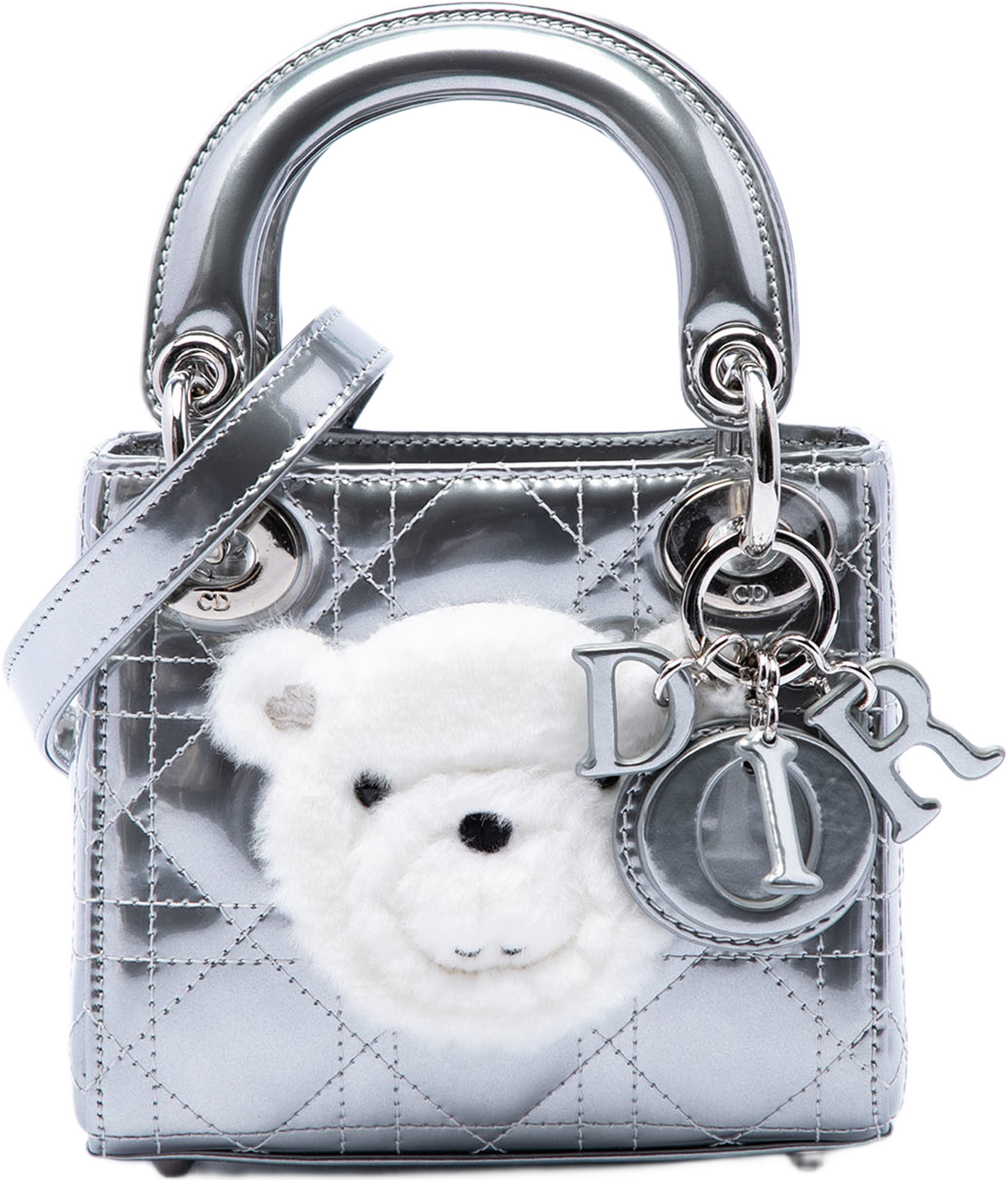 Dior Micro Metallic Patent Cannage Bear Lady Dior, från Luxclusif, i färgen silver. Klicka för att öppna bilden i stort format