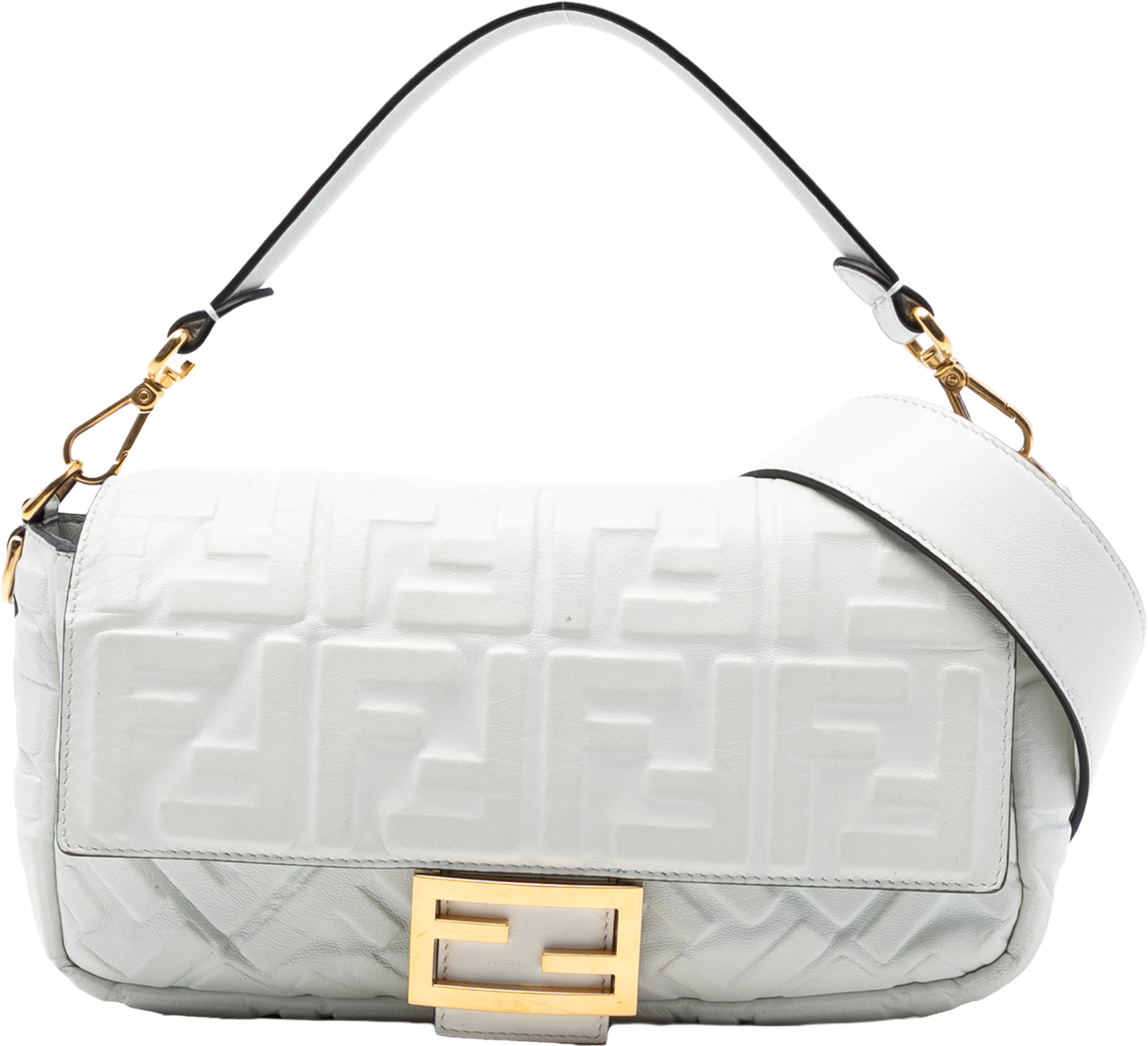 Fendi Zucca Embossed Leather Baguette Satchel, från Luxclusif, i färgen white. Klicka för att öppna bilden i stort format