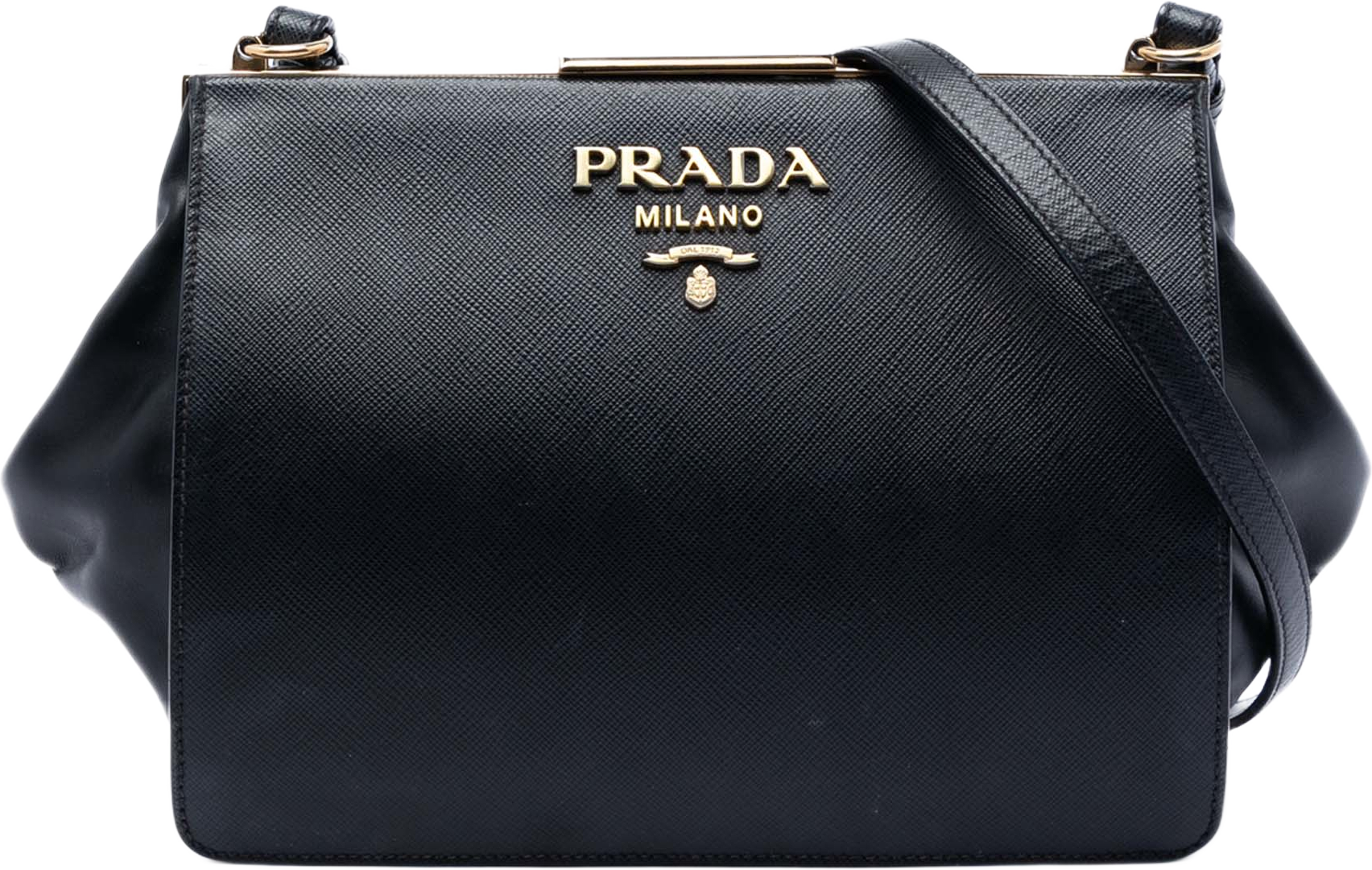 Prada Saffiano And City Calf Light Frame Crossbody, från Luxclusif, i färgen black. Klicka för att öppna bilden i stort format