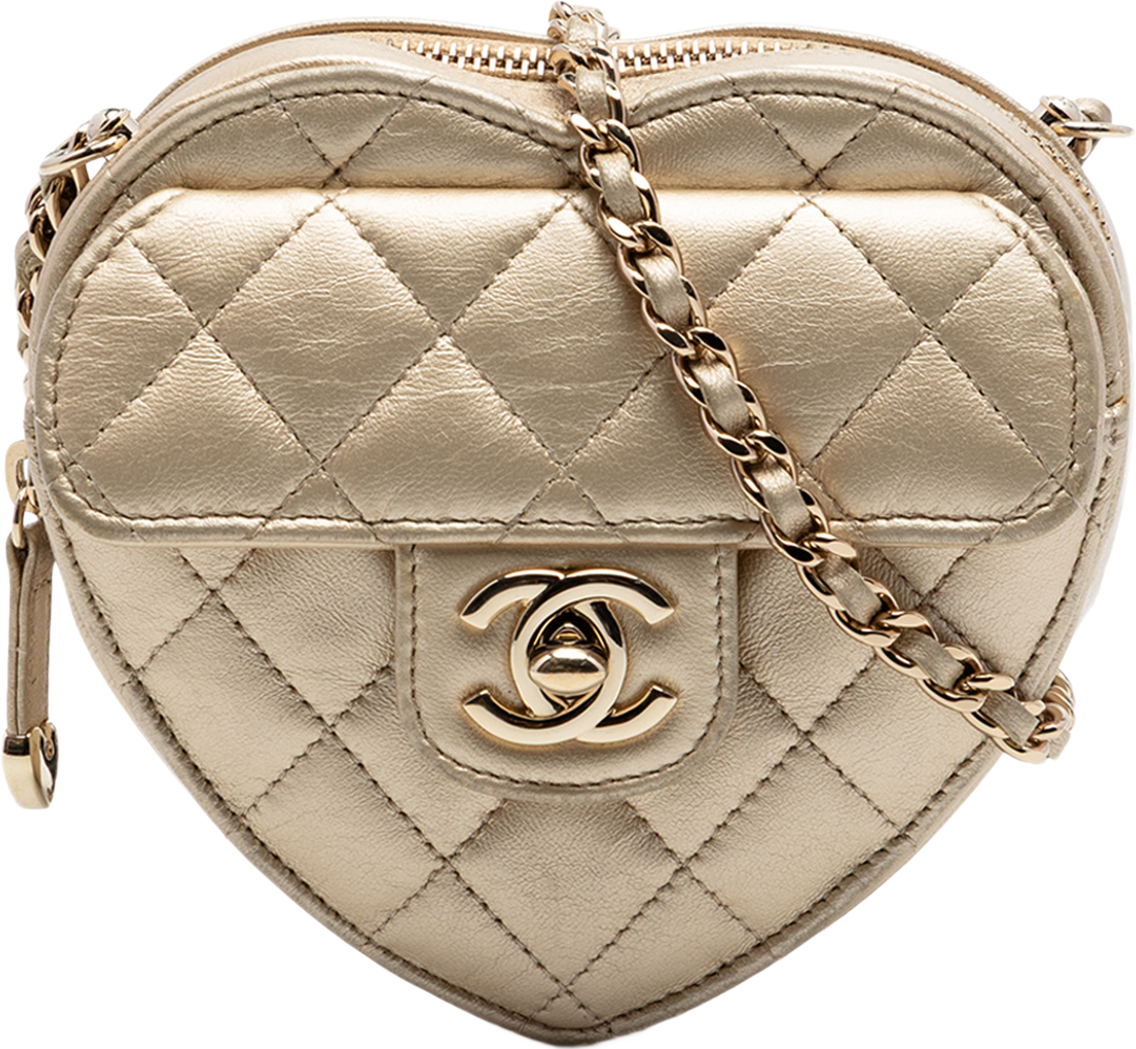 Chanel Mini Metallic Lambskin Cc In Love Heart Crossbody, från Luxclusif, i färgen guld. Klicka för att öppna bilden i stort format