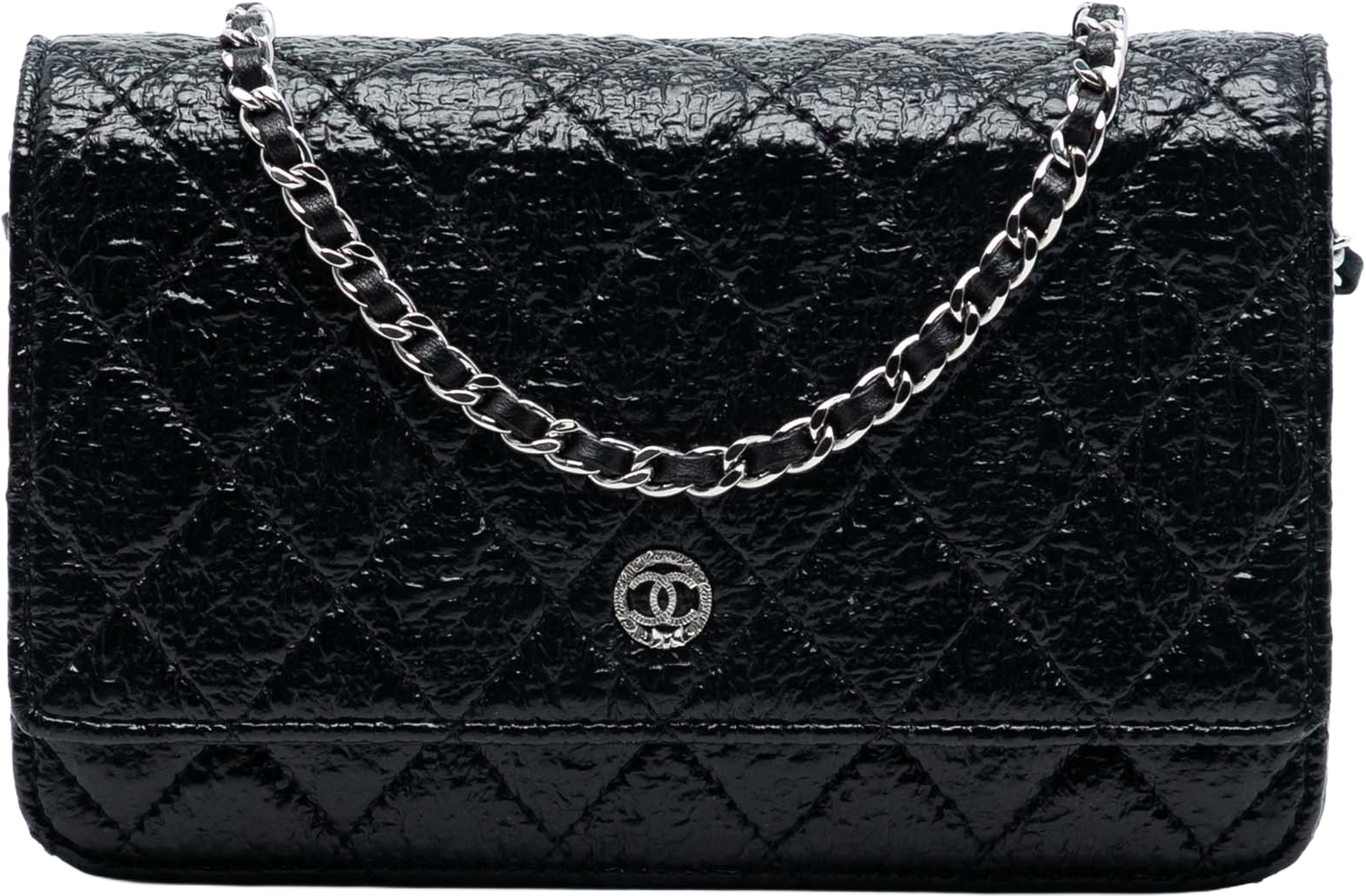 Chanel Cc Quilted Crinkled Patent Wallet On Chain, från Luxclusif, i färgen black. Klicka för att öppna bilden i stort format