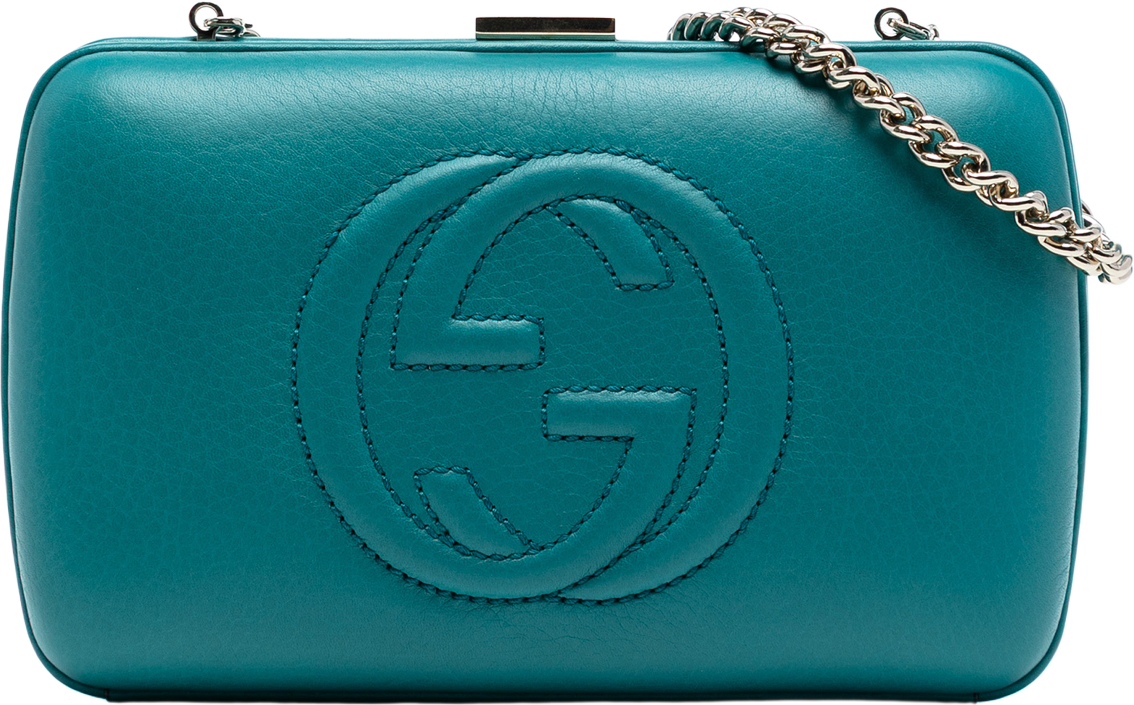 Gucci Leather Soho Clutch On Chain, från Luxclusif, i färgen turquoise. Klicka för att öppna bilden i stort format