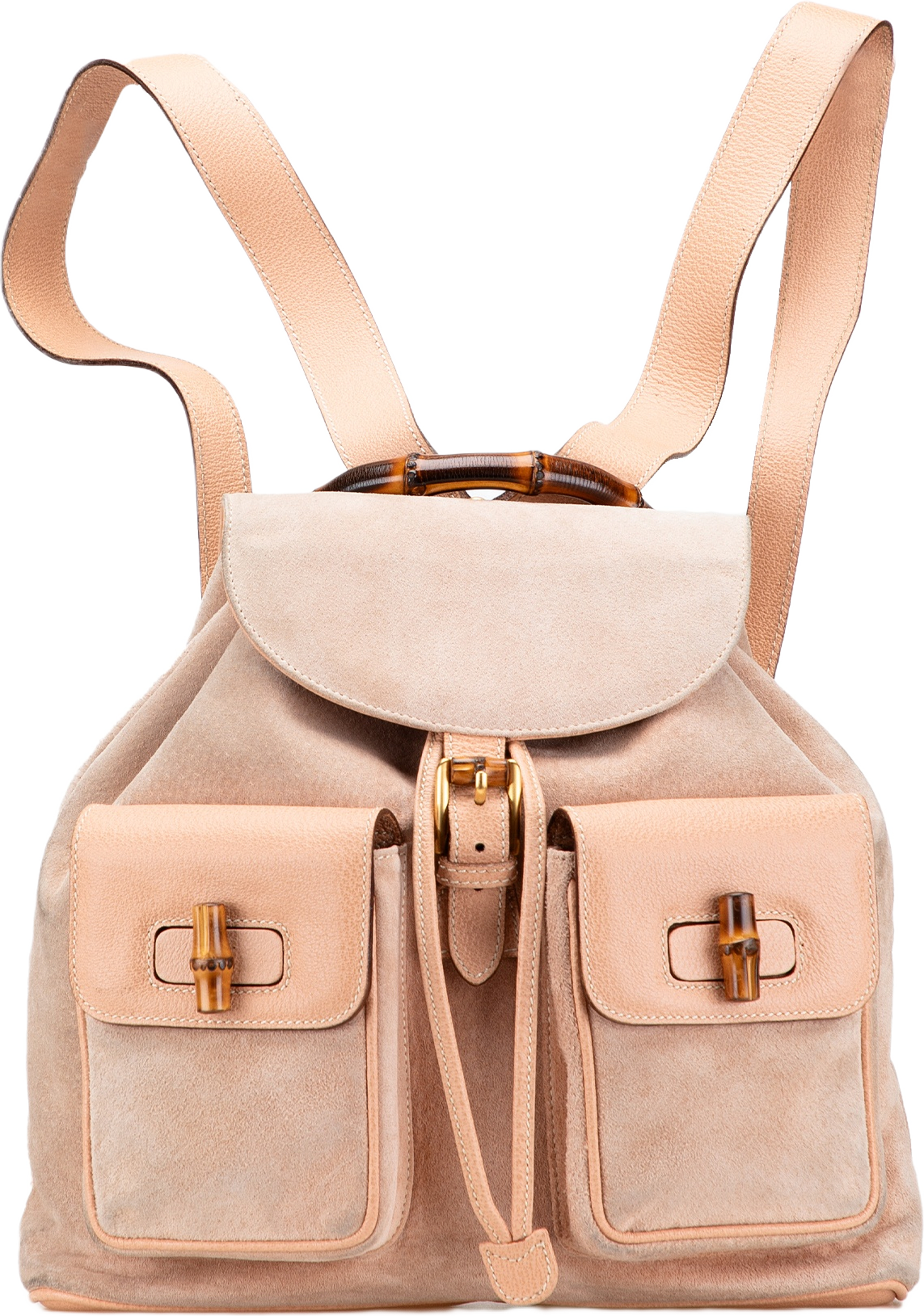 Gucci Suede Bamboo Backpack, från Luxclusif, i färgen beige. Klicka för att öppna bilden i stort format