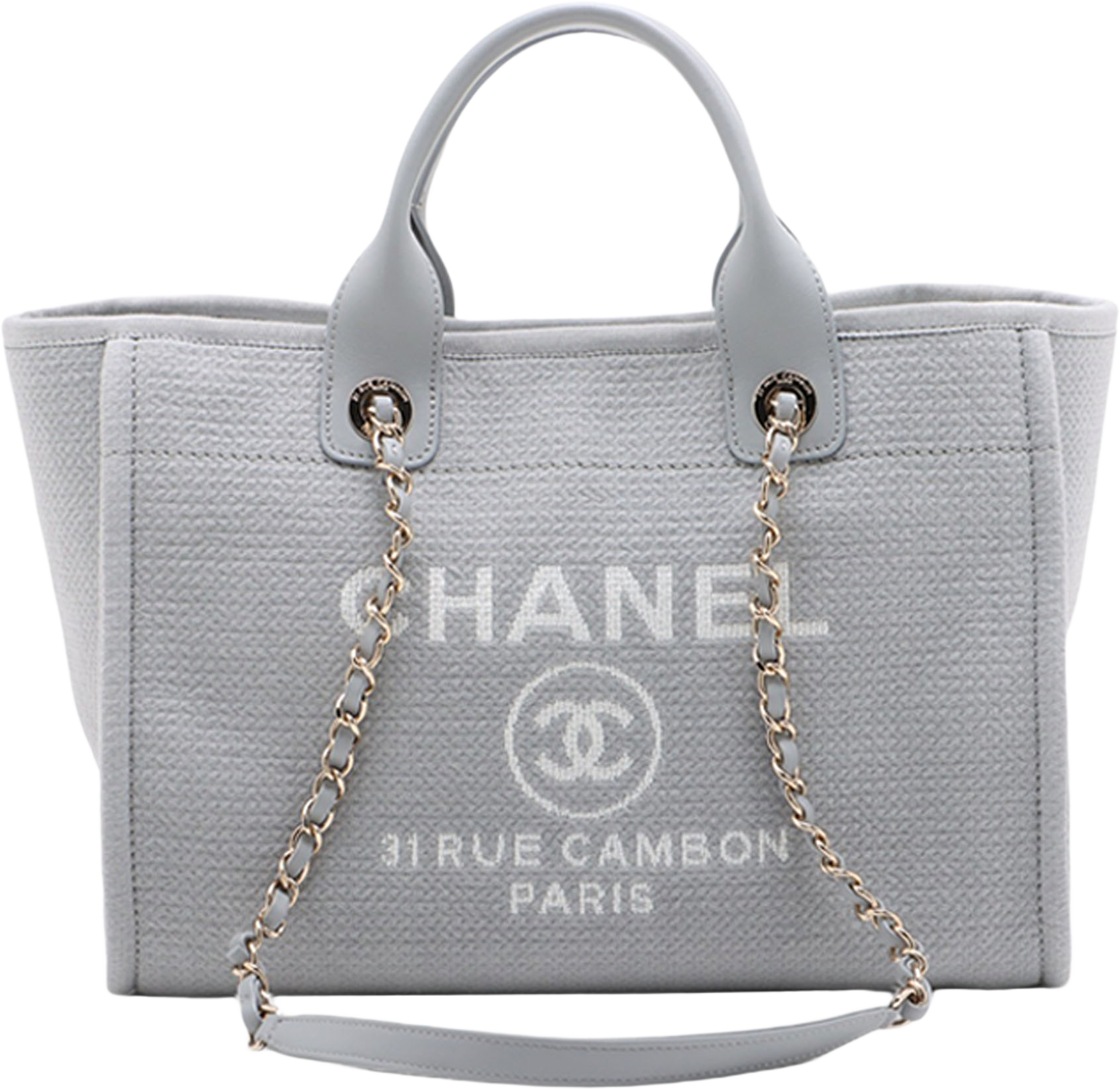Chanel Small Canvas Deauville Tote, från Luxclusif, i färgen light gray. Klicka för att öppna bilden i stort format