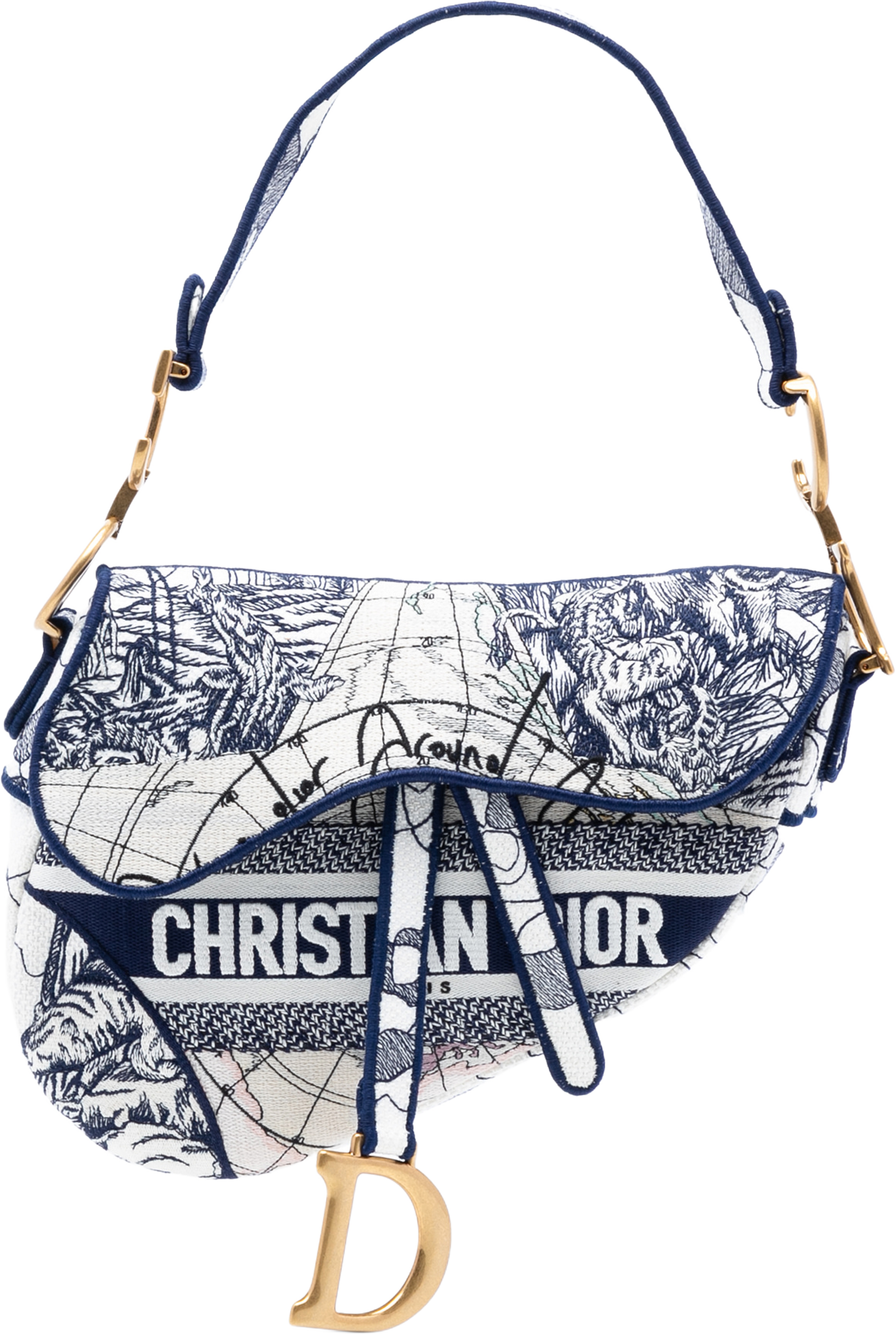 Dior Canvas Embroidered Around The World Saddle Bag, från Luxclusif, i färgen navy. Klicka för att öppna bilden i stort format