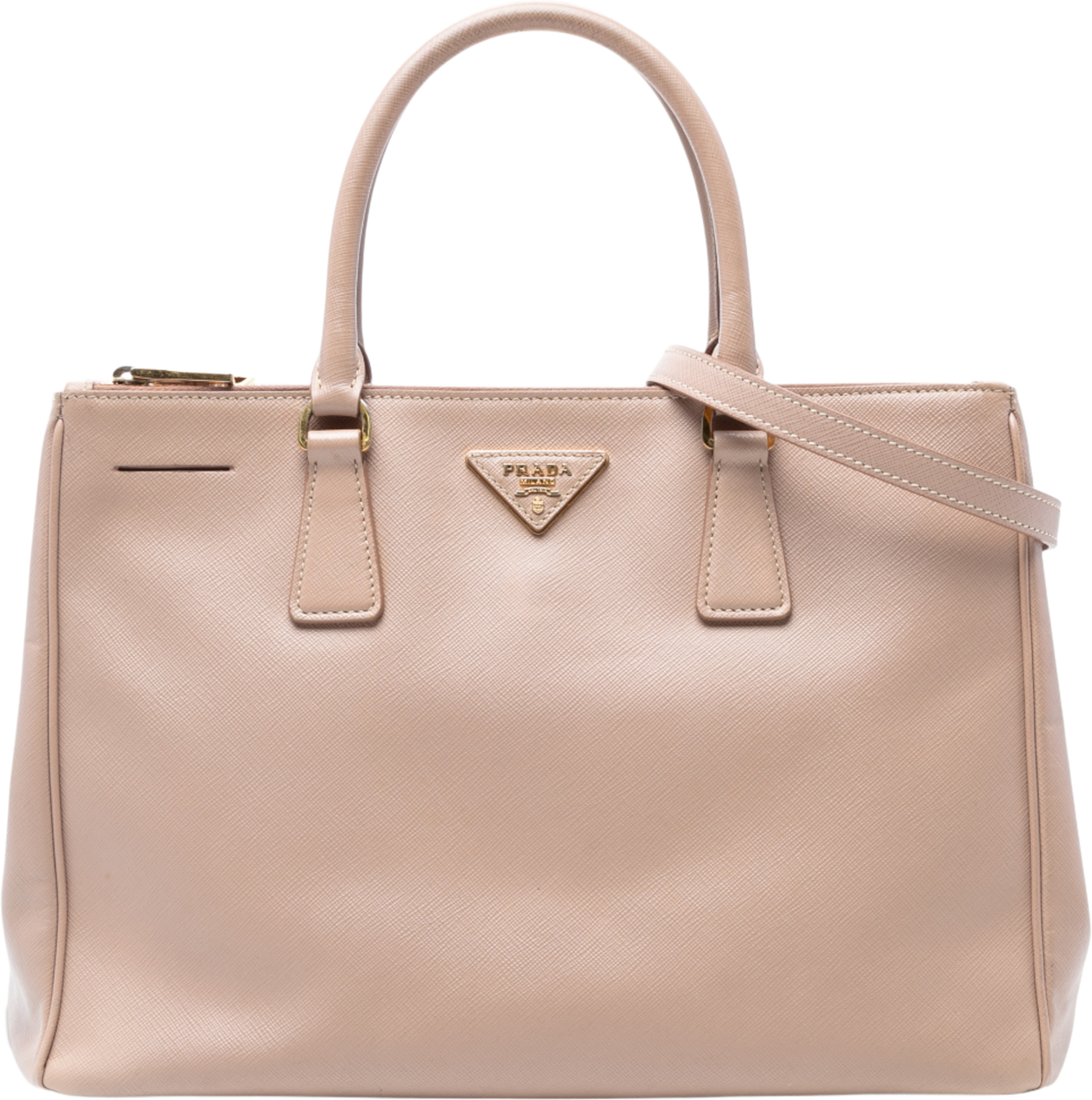 Prada Medium Saffiano Lux Galleria Double Zip Satchel, från Luxclusif, i färgen light beige. Klicka för att öppna bilden i stort format