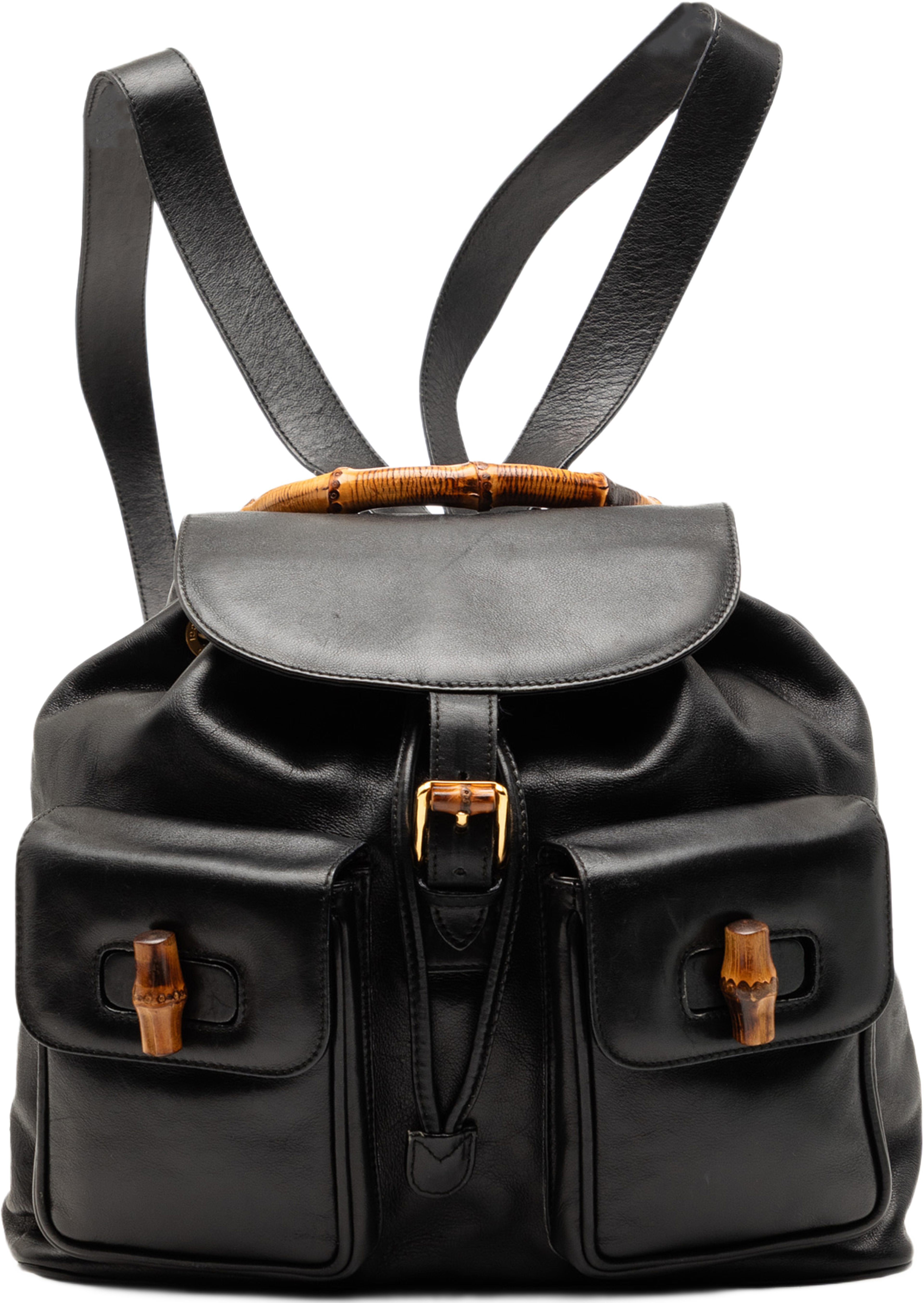 Gucci Calfskin Bamboo Drawstring Backpack, från Luxclusif, i färgen black. Klicka för att öppna bilden i stort format