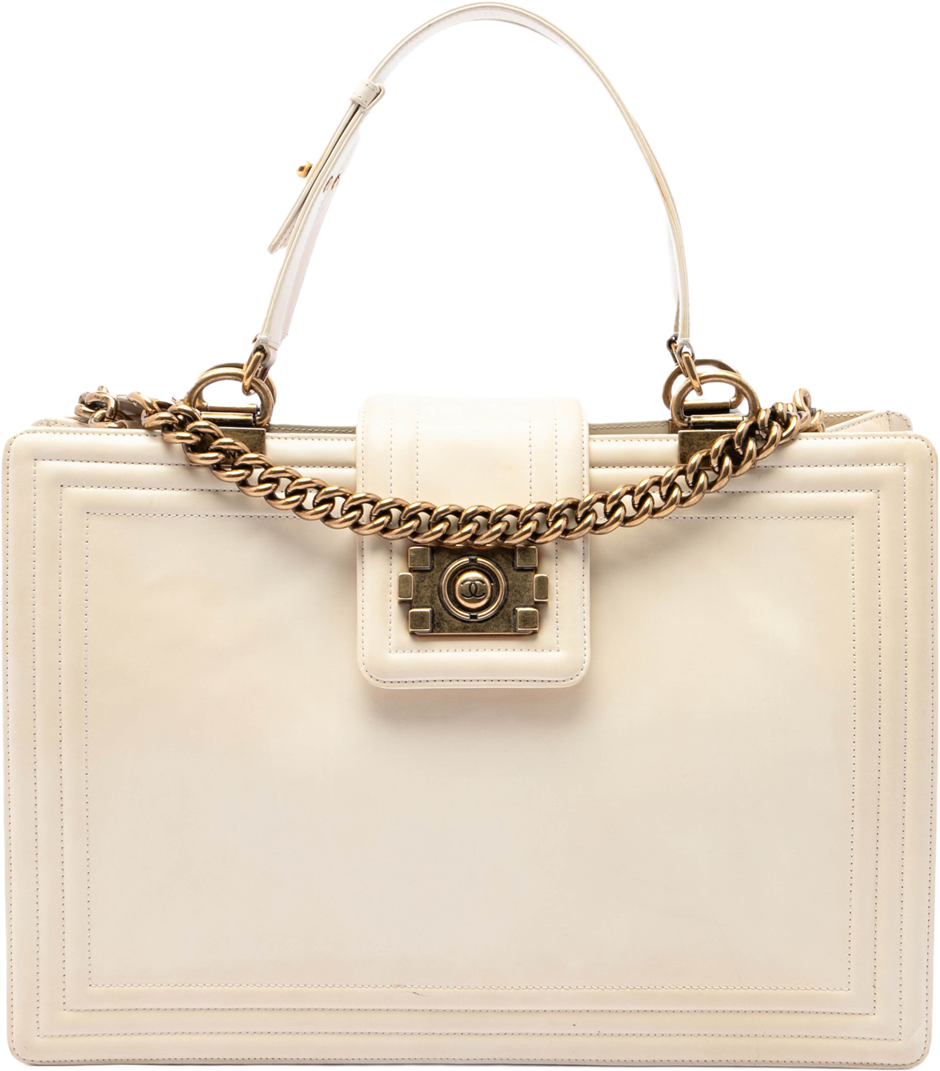 Chanel Calfskin Boy Reverso Shopping Tote, från Luxclusif, i färgen vit. Klicka för att öppna bilden i stort format